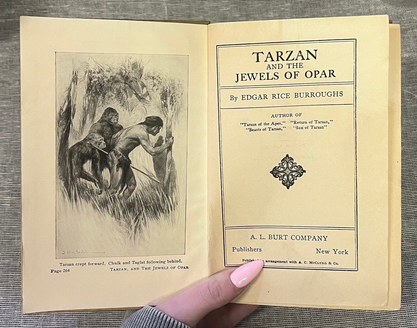 Tarzan and the Jewels of Opar, Edgar Rice Burroughs - Hardcover Book published April 1918 by A.L. Burt Company, New York 3rd Tarzan Book