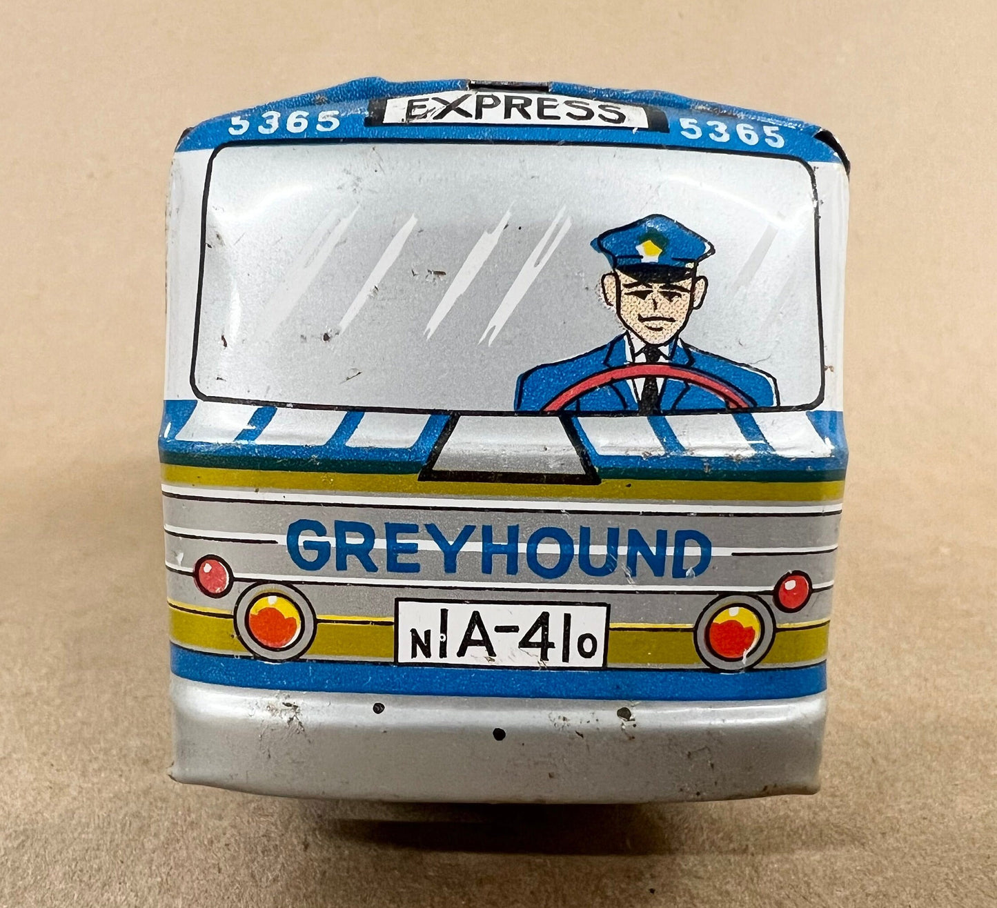 Tin Litho Greyhound Bus 5365 - Momoya/Hayashi Japan - 1950s Tin Toy- complete with Hub Caps