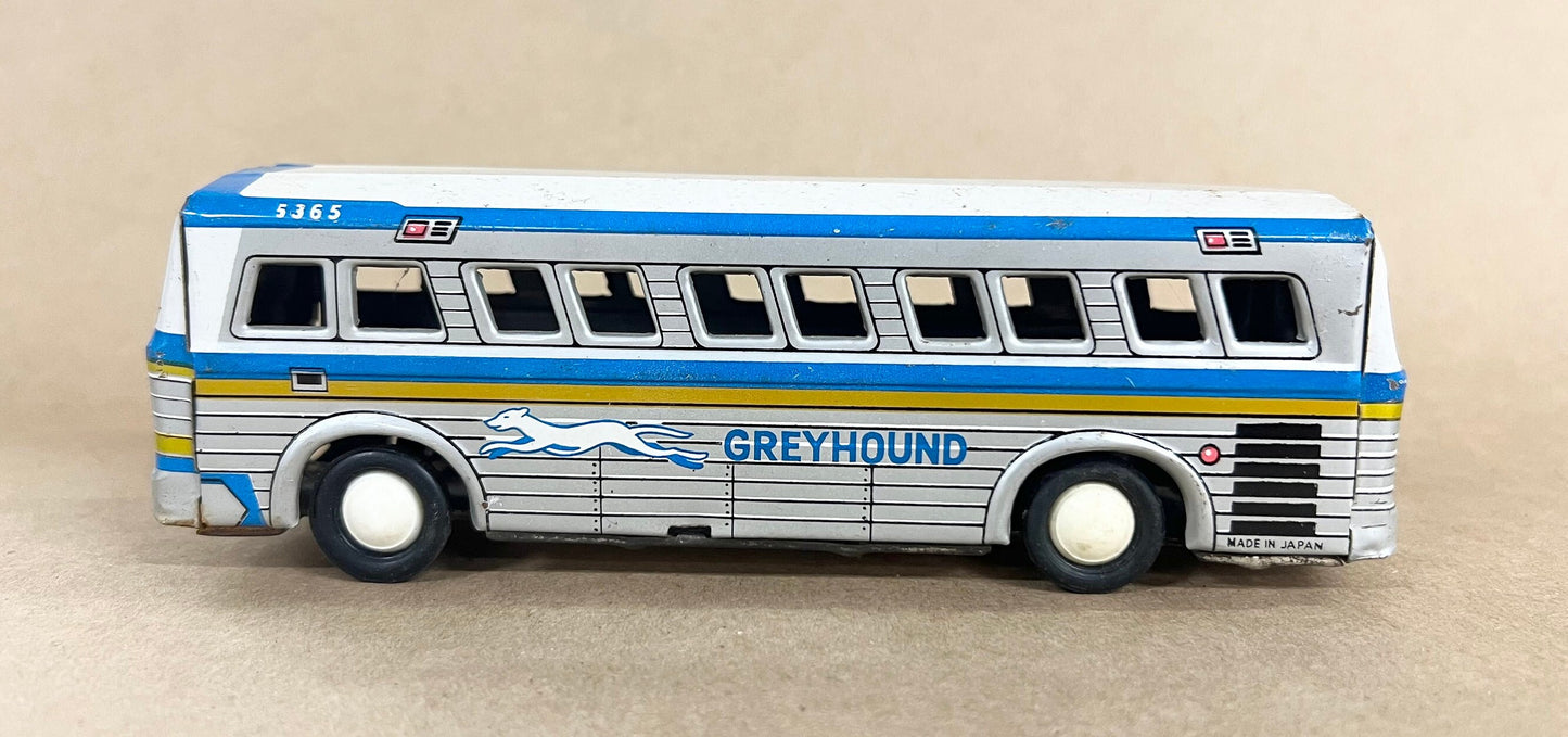 Tin Litho Greyhound Bus 5365 - Momoya/Hayashi Japan - 1950s Tin Toy- complete with Hub Caps