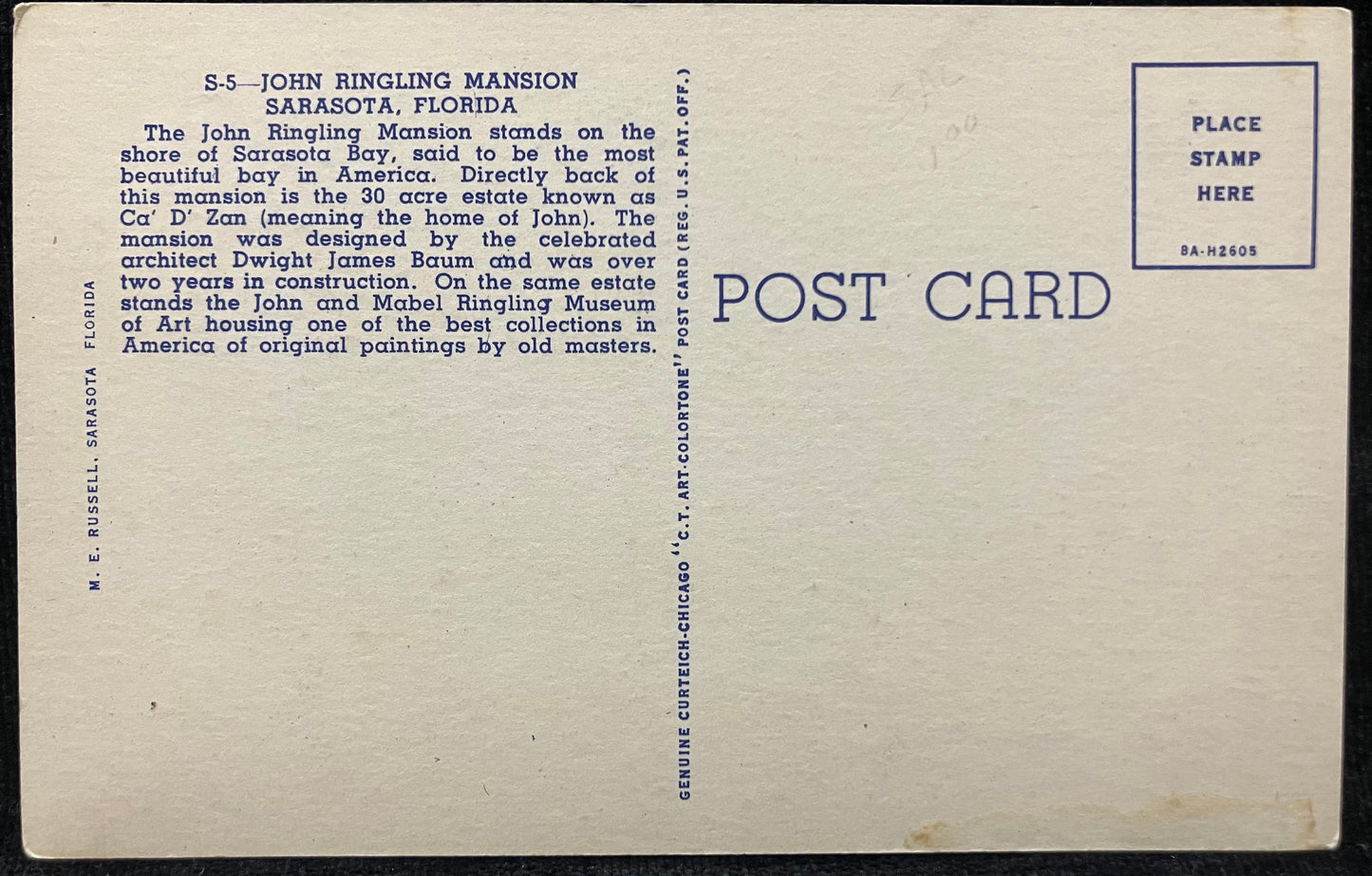 John Ringling Mansion, Between Bradenton and Sarasota, Fla - Linen Postcard