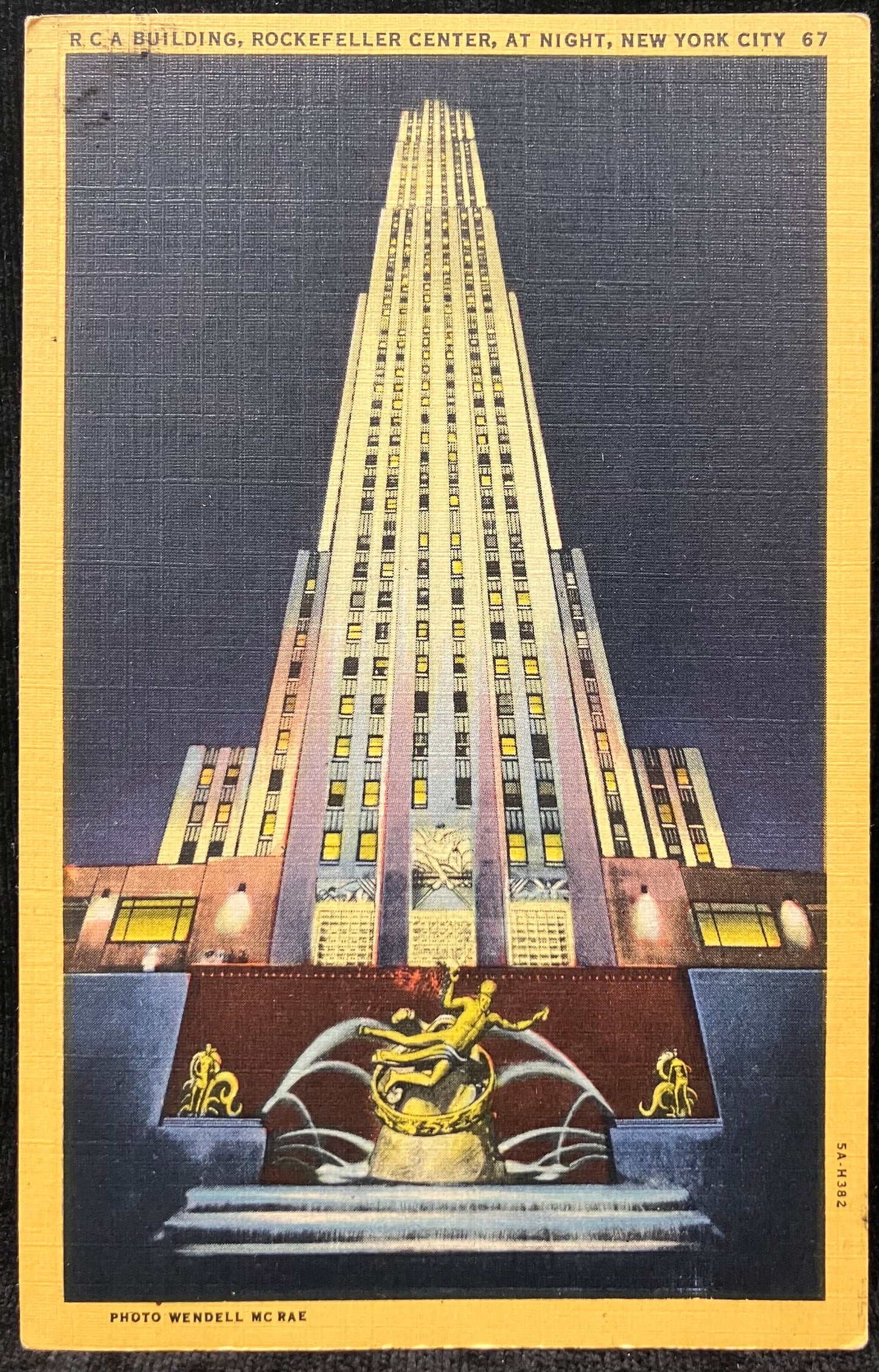 R. C. A. Building, Rockefeller Center, At Night, New York City - Photo: Wendell McRae - Vintage Linen Postcard - Art Deco Styling