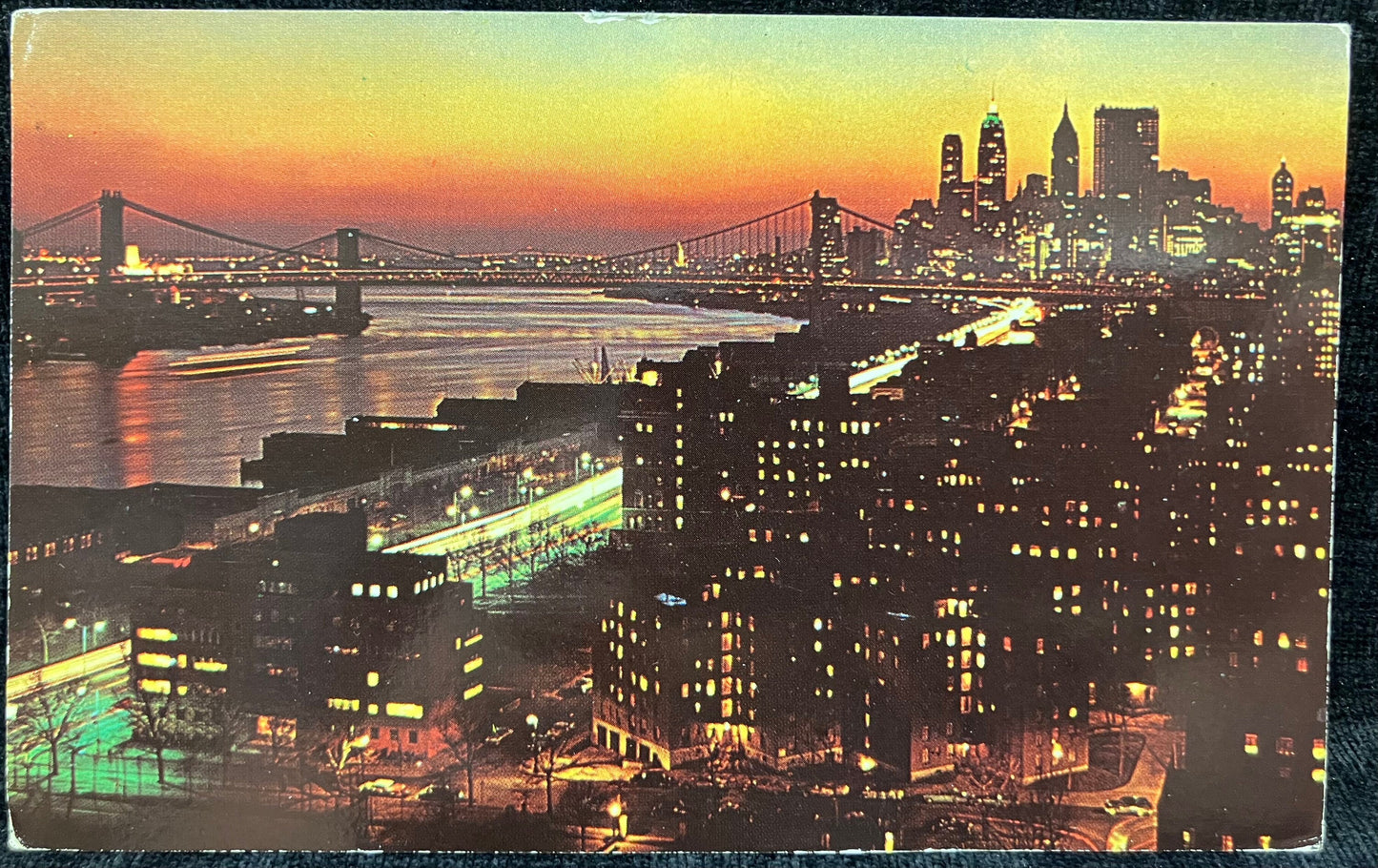 New York City by Night - Sunset on the East River, NY - Vintage Postcard