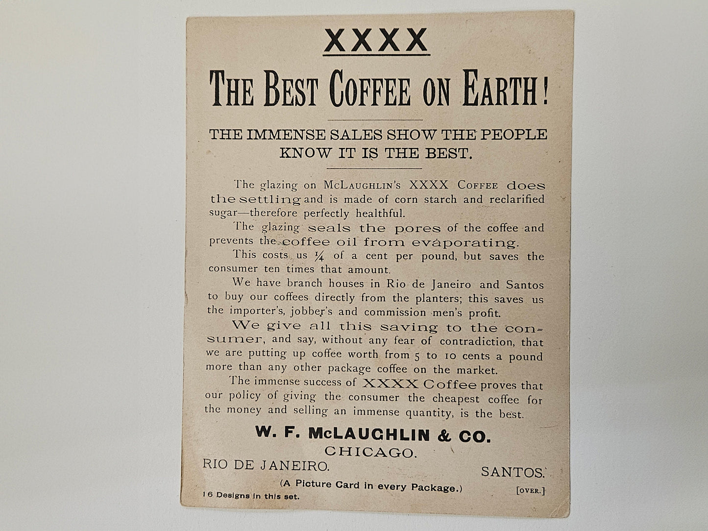McLaughlin's Coffee Trade Card Advertisement- RARE Trade Card - Chicago Illinois - Three Young Girls Dressed Up for Spring with Blue Flowers
