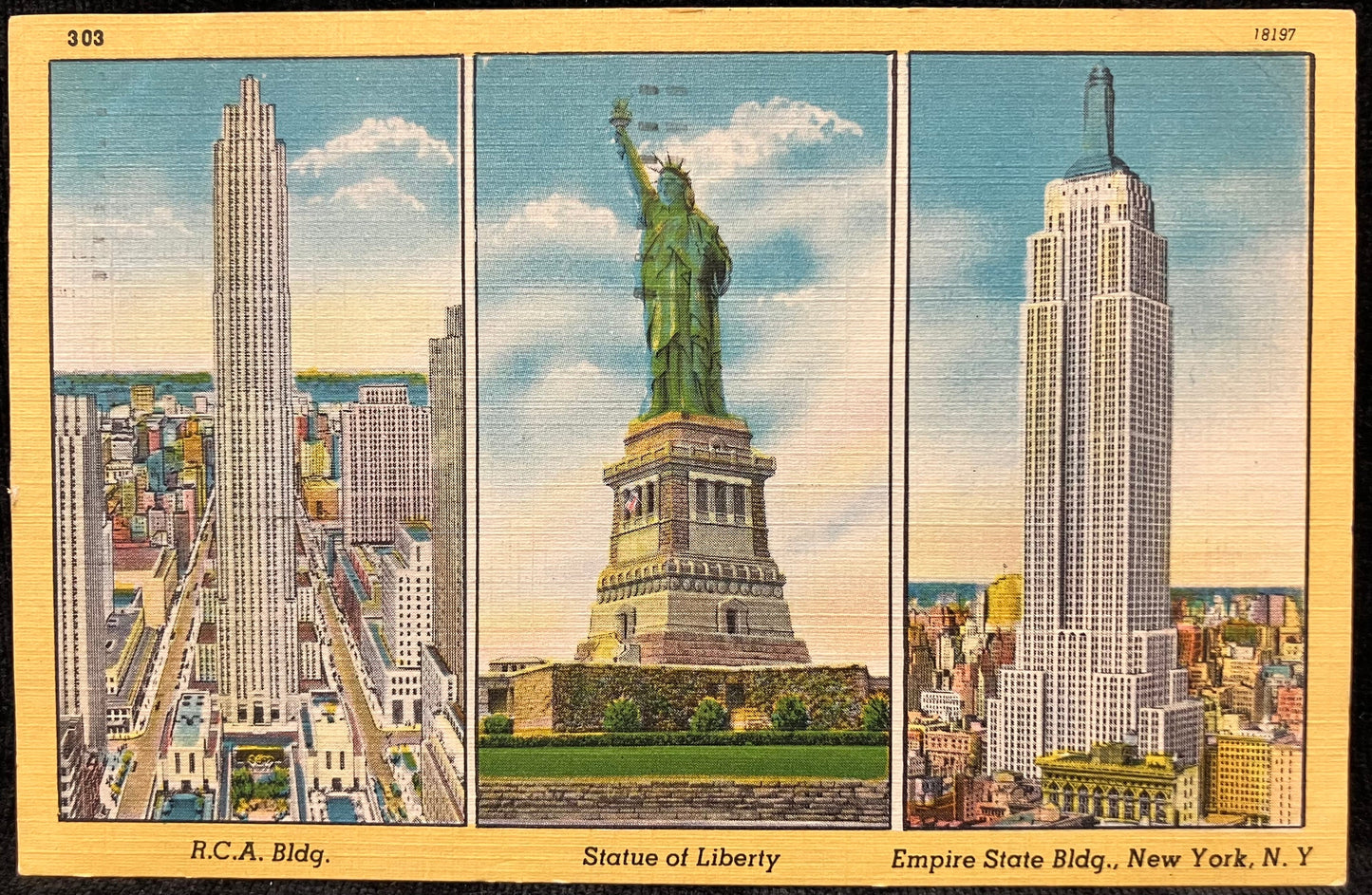 R. C. A. Bldg. - Statue of Liberty - Empire State Bldg., New York, N. Y. - 1950 Advertising Postcard - LaPaulls, 327 S. Burdick, Kalamazoo