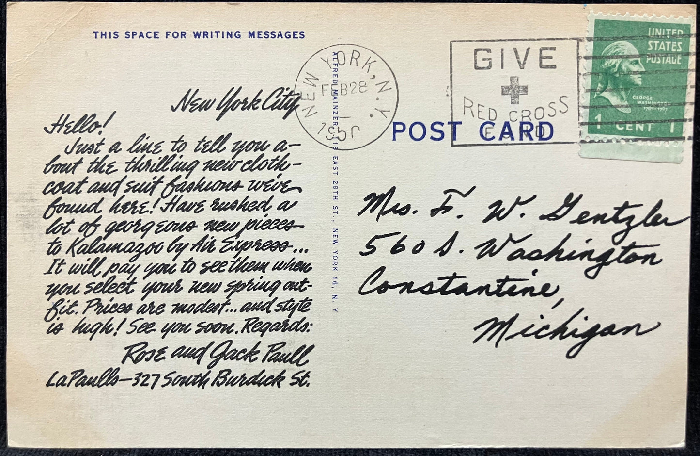 R. C. A. Bldg. - Statue of Liberty - Empire State Bldg., New York, N. Y. - 1950 Advertising Postcard - LaPaulls, 327 S. Burdick, Kalamazoo