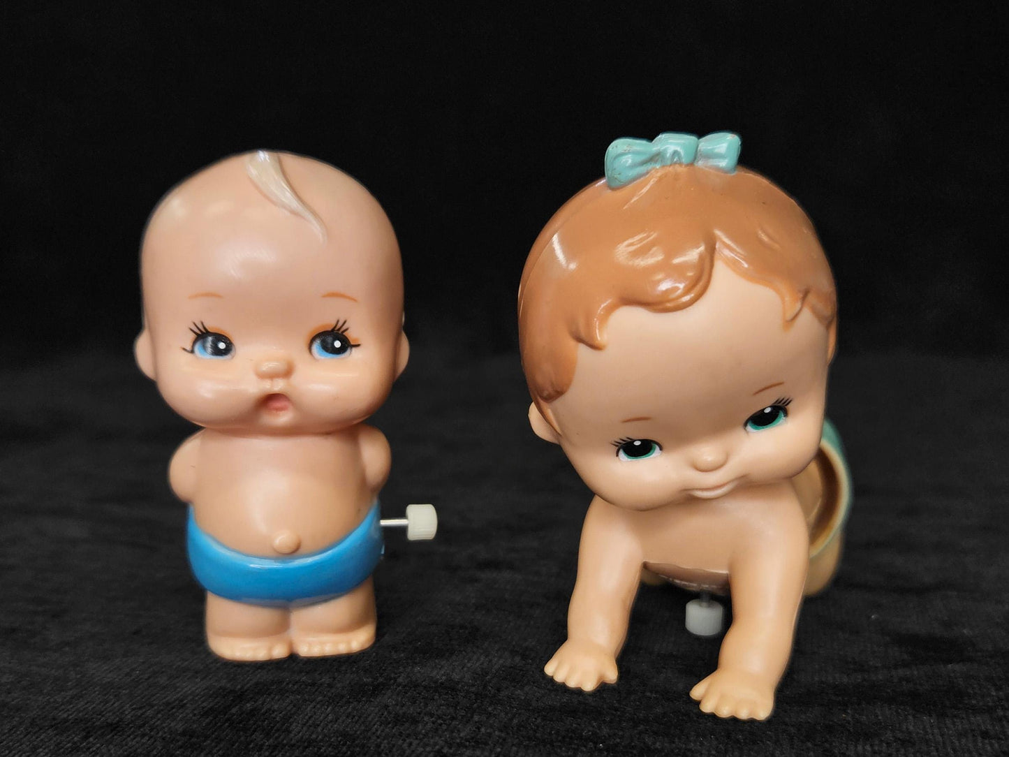 Tomy Wind Up Baby Girl and Boy- Crawling Teal Figure- Kewpie Baby - Made In Taiwan - 1977 Windup Toys - Sold as a set - Both windups work