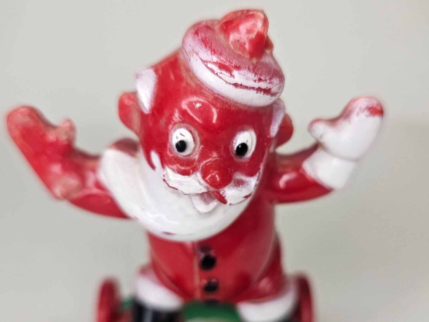 1950's Rosbro - Santa On Wheels Pull Toy and Candy Container - Hard Plastic Santa Candy Container - Missing Christmas stocking on Rt Hand