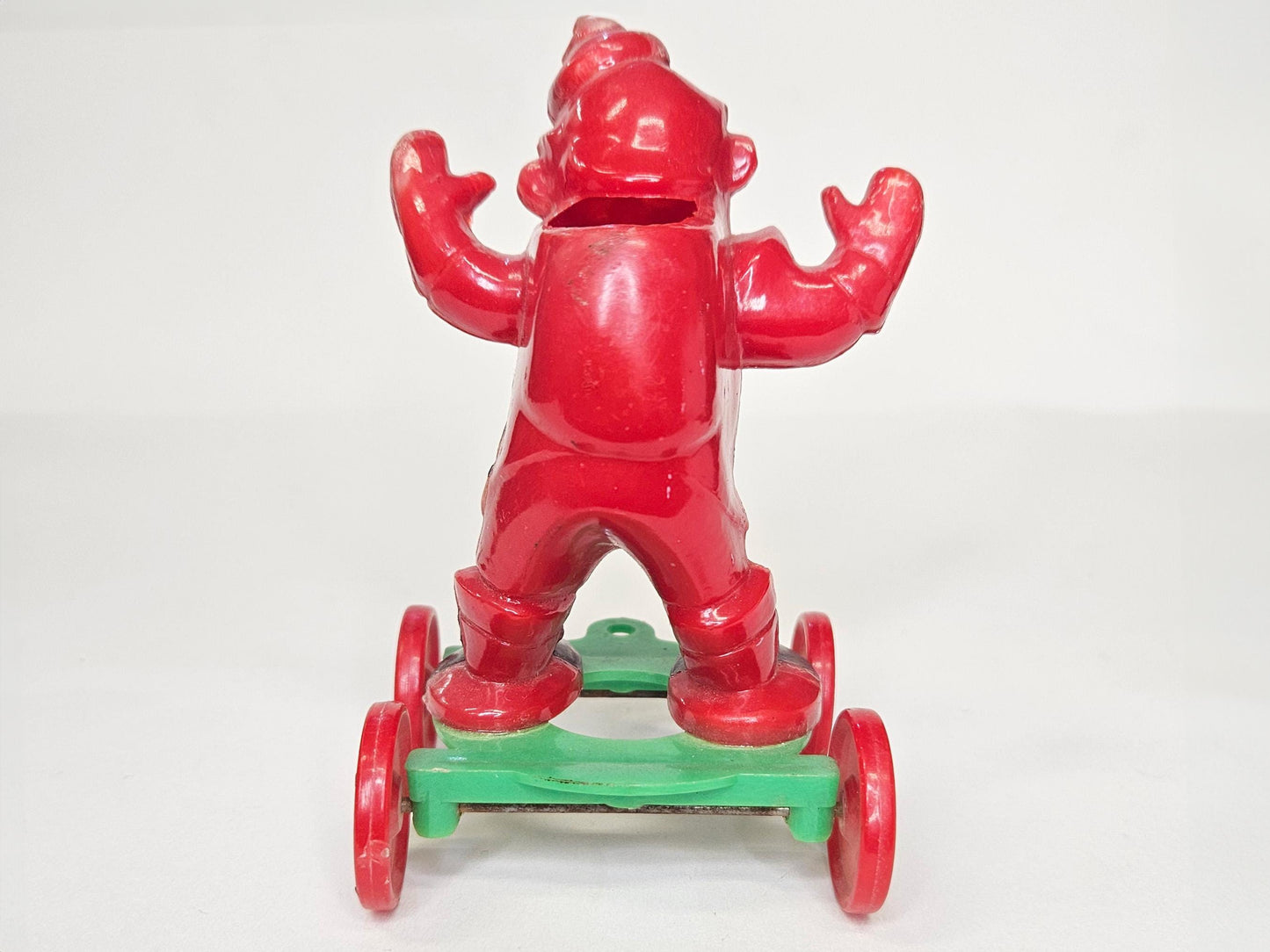 1950's Rosbro - Santa On Wheels Pull Toy and Candy Container - Hard Plastic Santa Candy Container - Missing Christmas stocking on Rt Hand