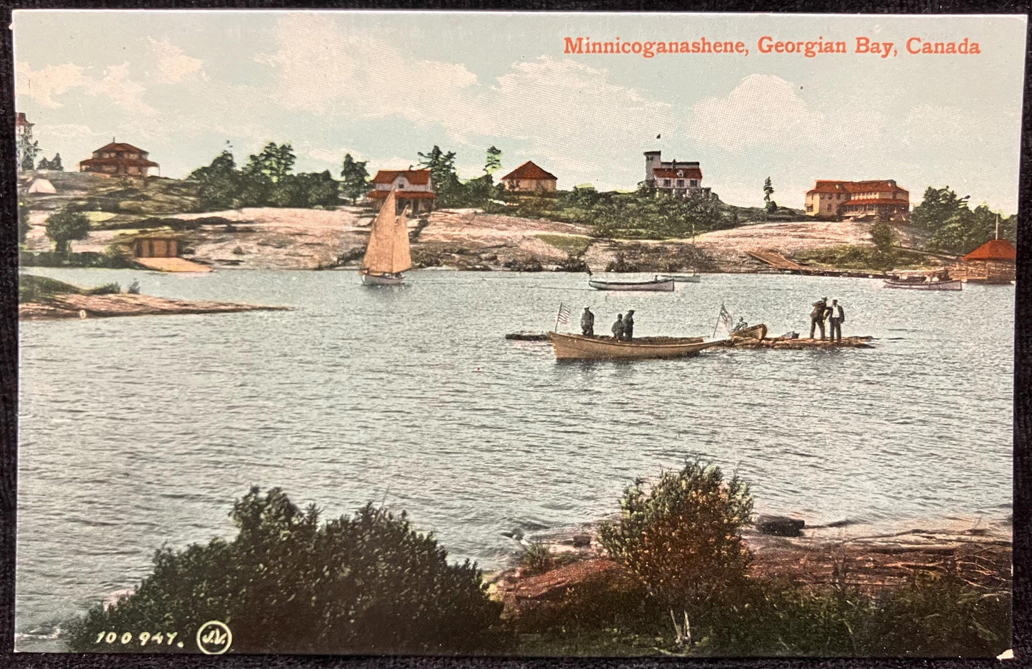 Minnicoganashene, Georgian Bay, Canada - Printed in Great Britain - Vintage Bay Postcard - 1900 Canadian Fishing Village - Sailboats on Bay