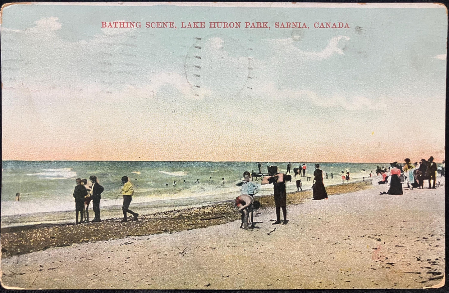 Bathing Scene, Lake Huron Park, Sarnia, Canada - Printed in Germany - Vintage Beach Postcard - Real Bathers in 1900 at Beach - great Photo!