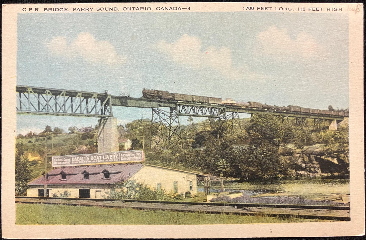 C. P. R. Bridge. Parry Sound. Ontario, Canada - 1700 Feet Long 110 Feet High - Railroad Bridge with Train Crossing in 1900 - RR Postcard