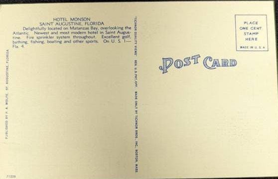 Hotel Monson, Saint Augustine, Florida - Vintage Linen Postcard
