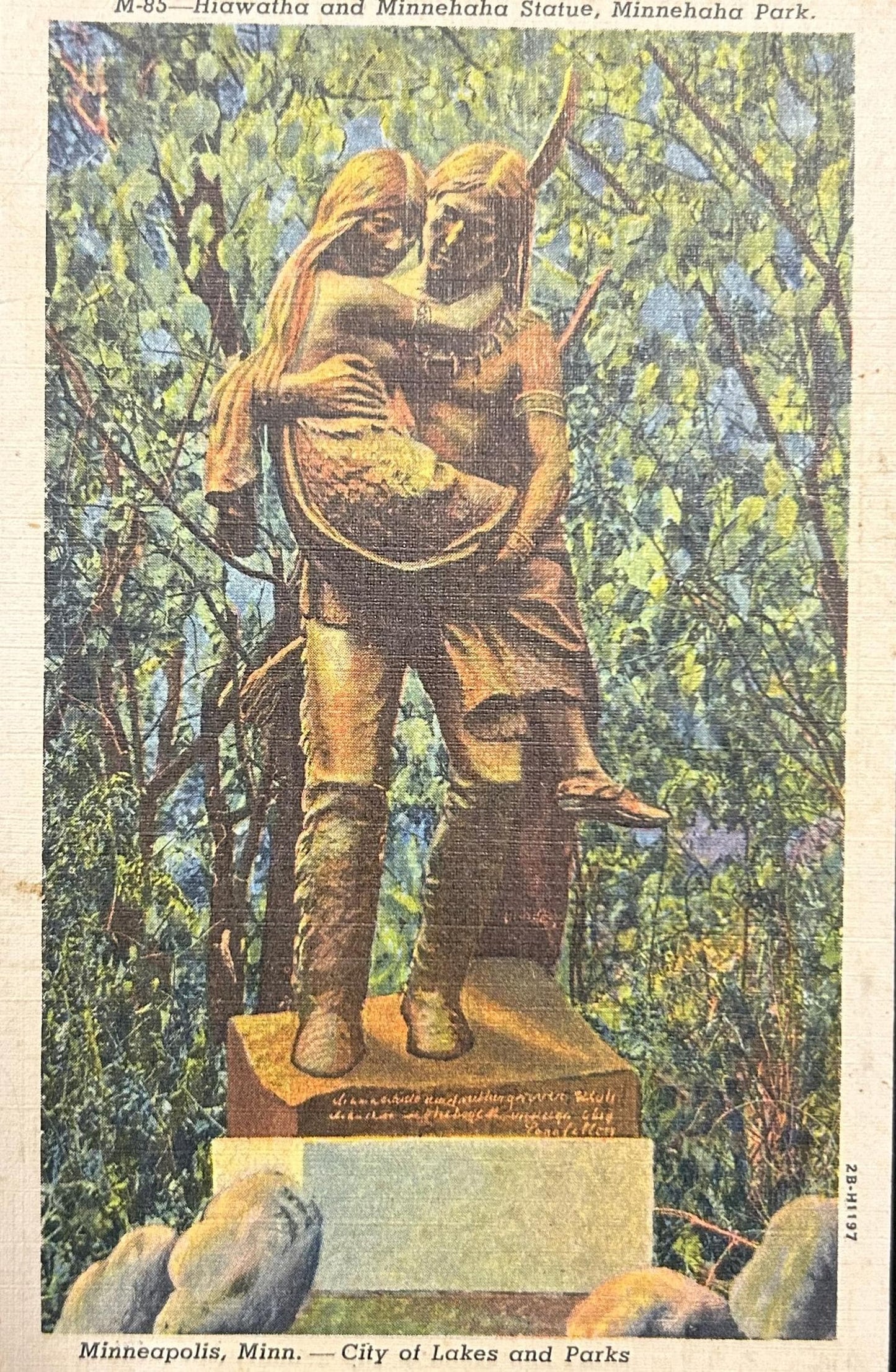 Hiawatha and Minnehaha Statue, Minnehaha Park- Minneapolis, Minnesota- Linen Postcard