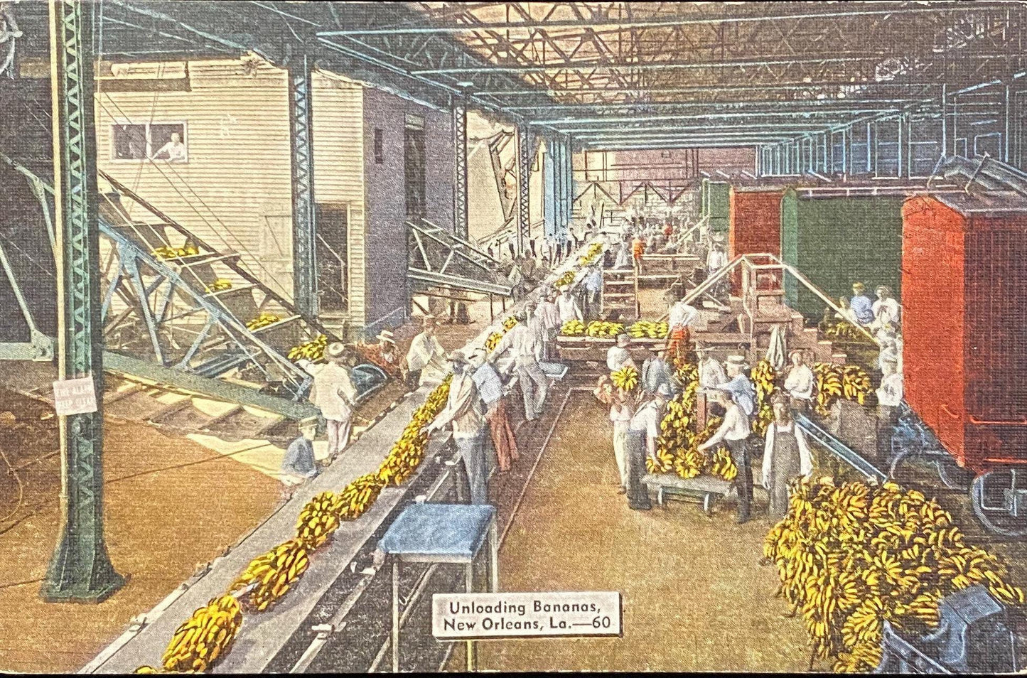 Unloading Bananas - New Orleans, La. - 1940s Linen Postcard