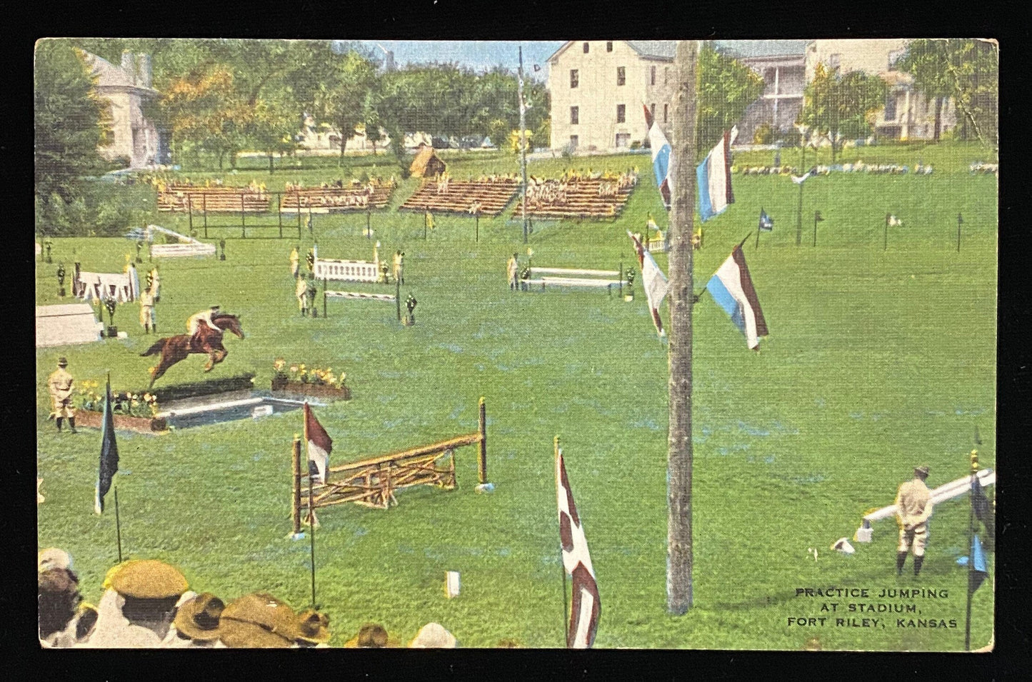 Practice Jumping at Stadium - Fort Riley, Kansas - 1940s Linen Postcard