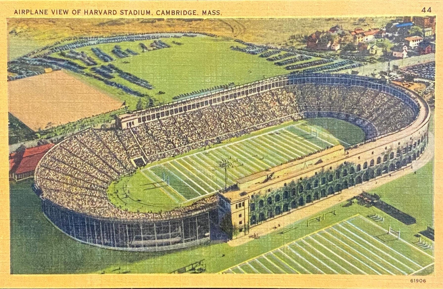 Airplane View of Harvard Stadium - Cambridge, Mass. - 1940s Linen Postcard