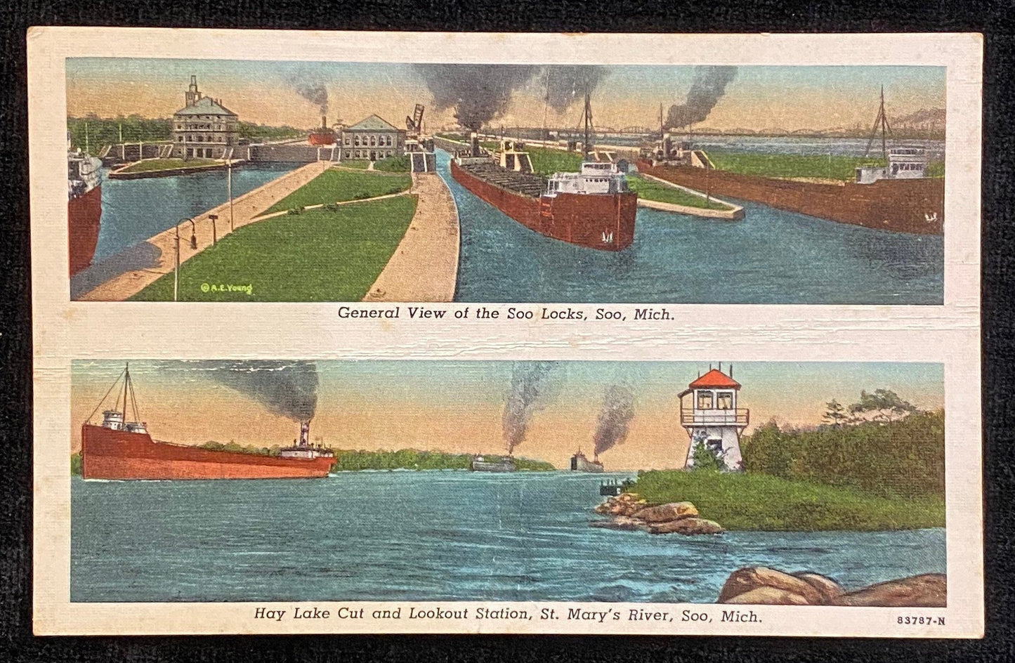 Hay Lake Cut and Lookout Station - St. Mary's River - Soo, Mich. - 1940s Linen Postcard
