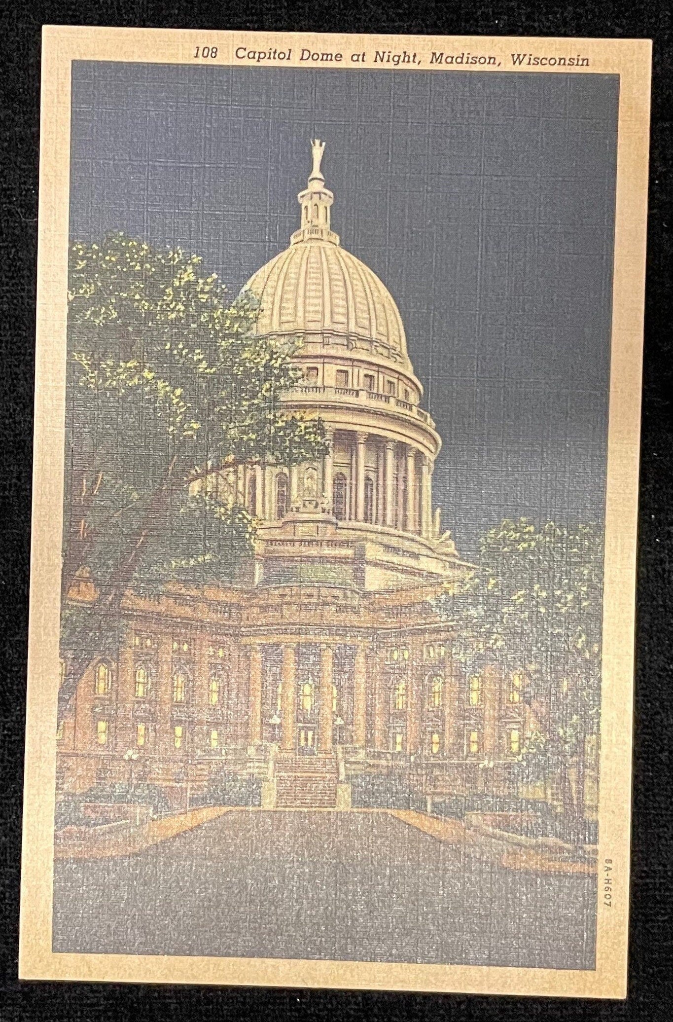 Capitol Dome at Night - Madison, Wisconsin- 1940s Linen Postcard