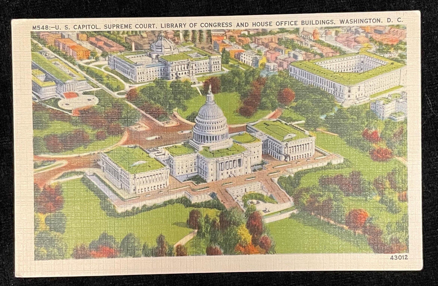 U.S. Capitol - Supreme Court - Library of Congress - House Office Buildings - Washington DC - 1940s Linen Postcard