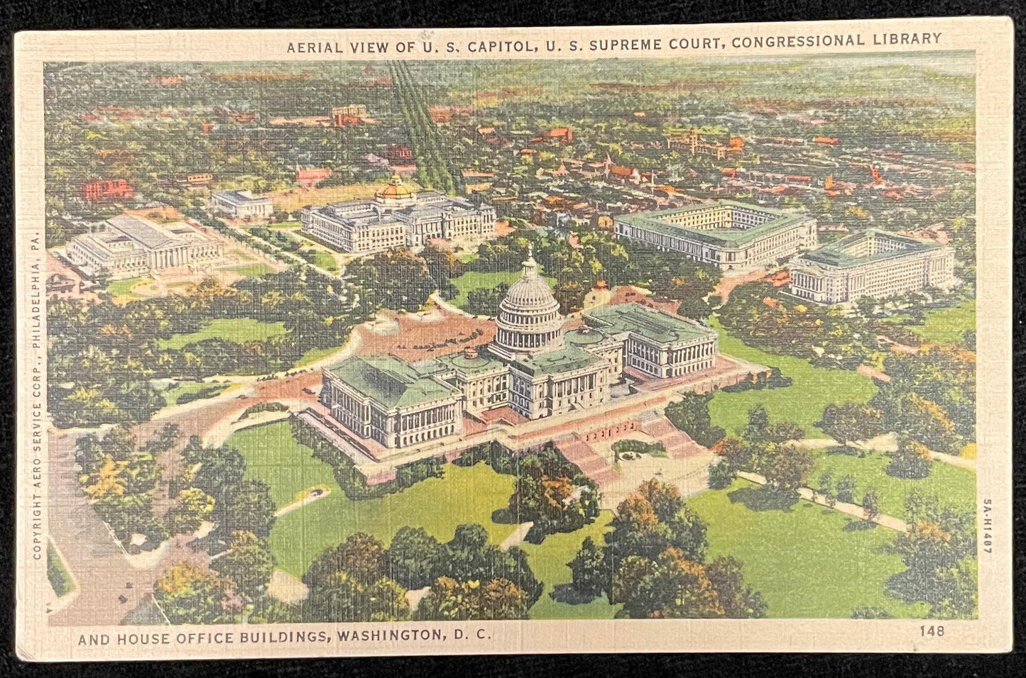 Aerial View - US Capitol - US Supreme Court - Congressional Library - House Office Buildings - District of Columbia - 1940s Linen Postcard