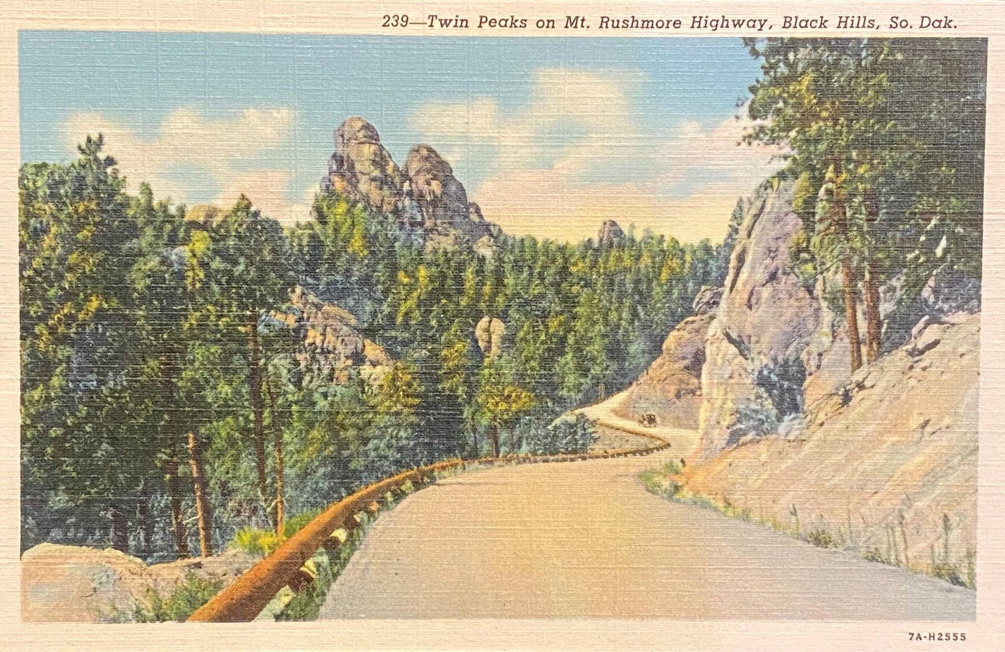 Twin Peaks - Mt. Rushmore Highway - Black Hills, So. Dak. - 1937 Linen Postcard