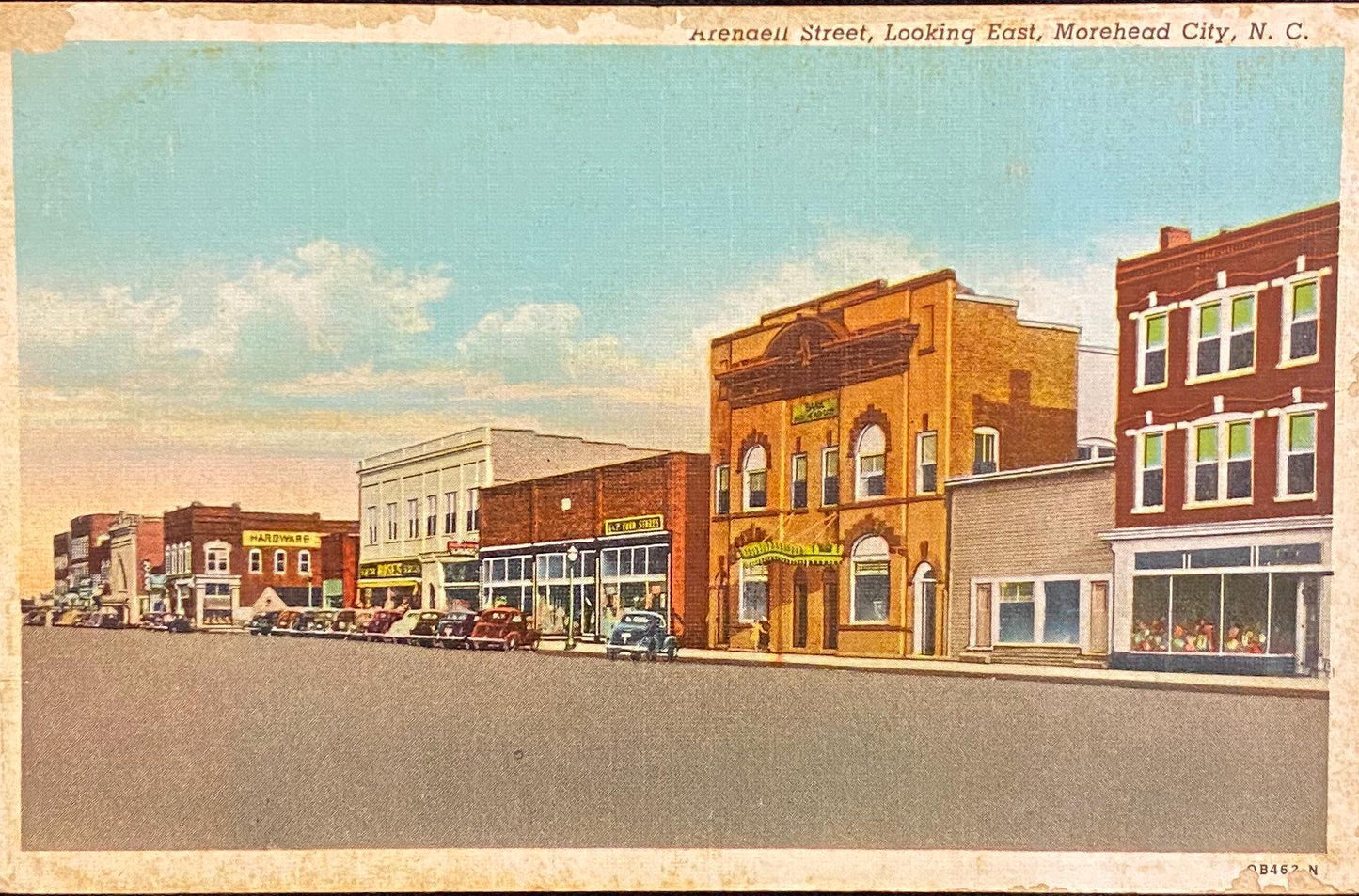 Arendell Street - Looking East - Morehead City, N.C. - 1940s Linen Postcard