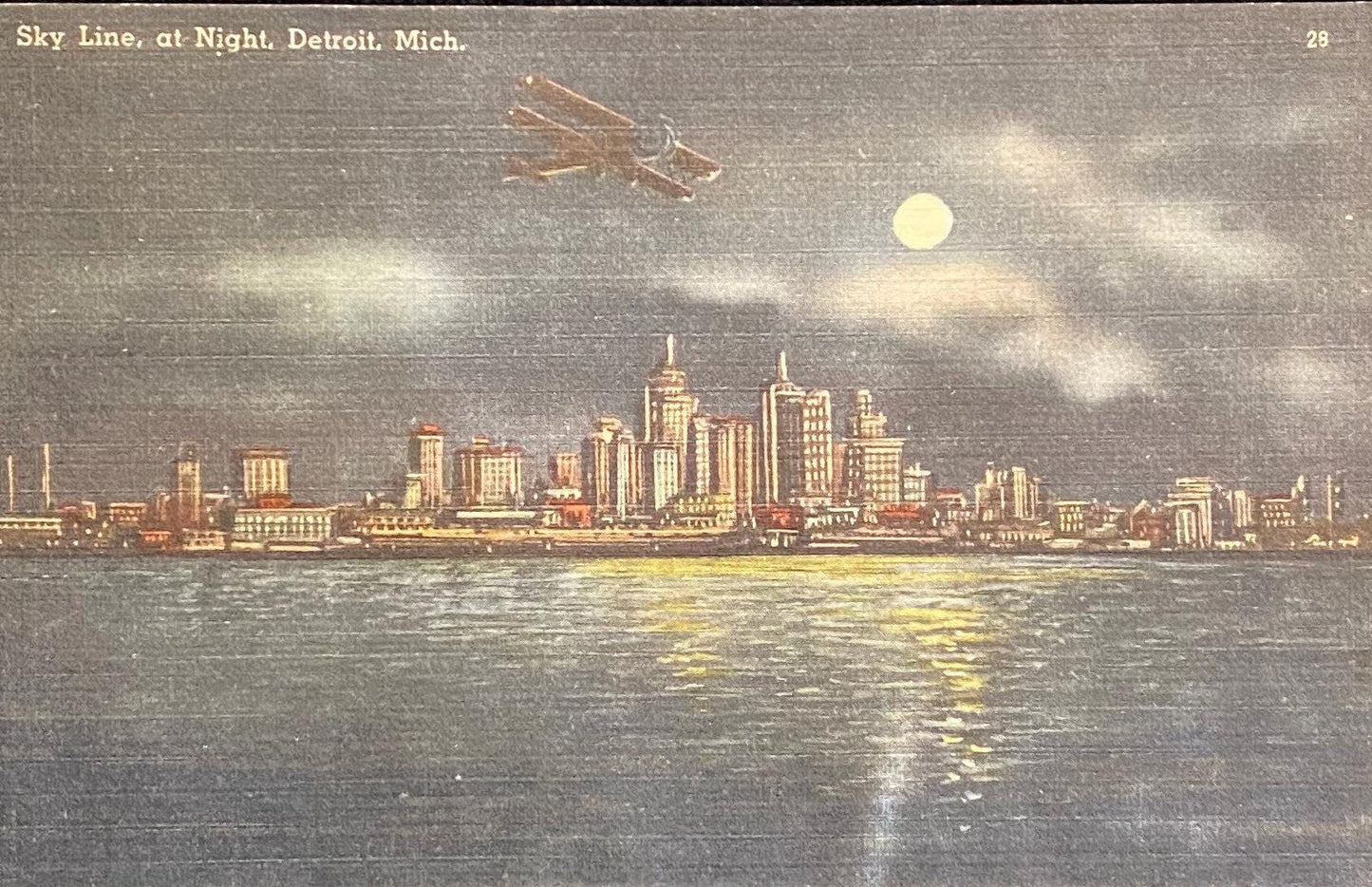 Skyline at Night - Detroit, Mich. - 1940s Linen Postcard