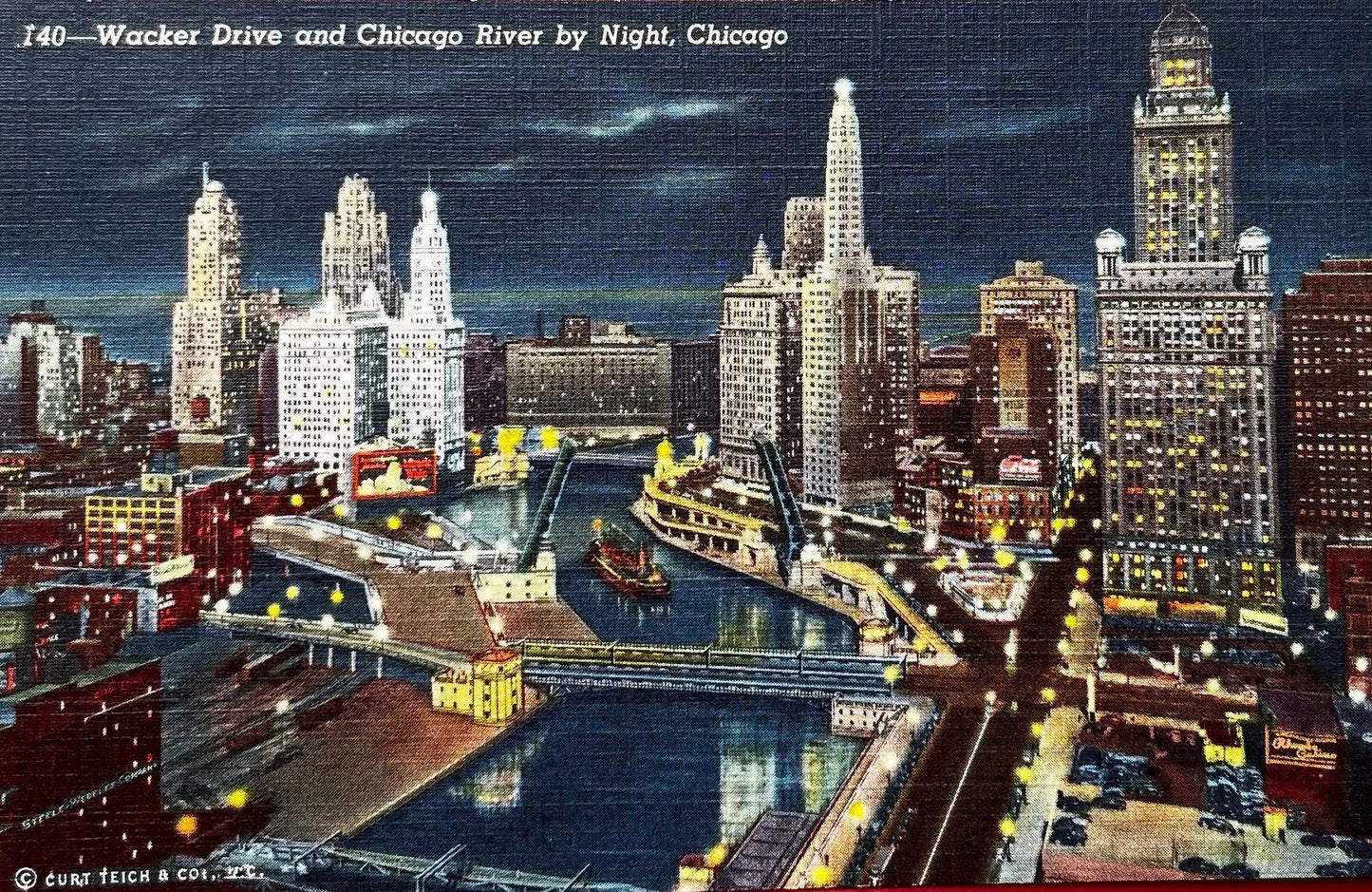 Wacker Drive - Chicago River by Night - Chicago, IL - 1941 Linen Postcard