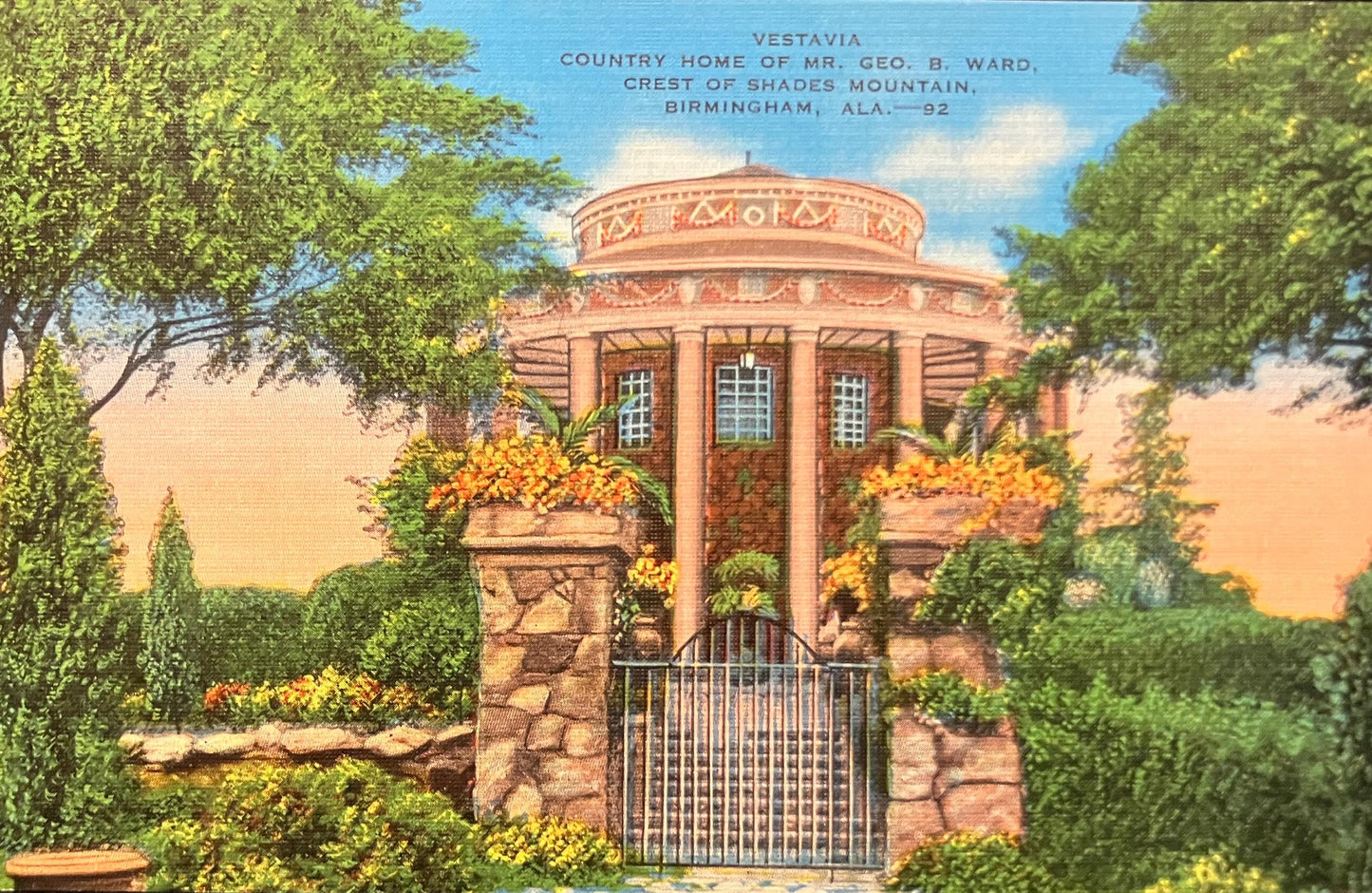Vestavia Country Home - Mr. Geo. B. Ward - Crest of Shades Mountain - Birmingham, Ala. - 1940s Linen Postcard