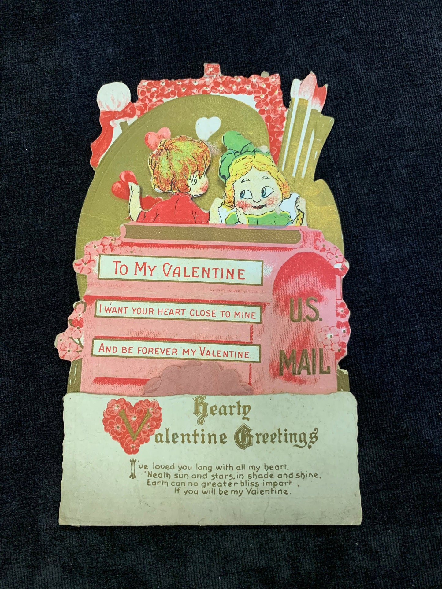 Boy and Girl in Mailbox Honeycomb Fold Out Vintage Valentine Card 1930's