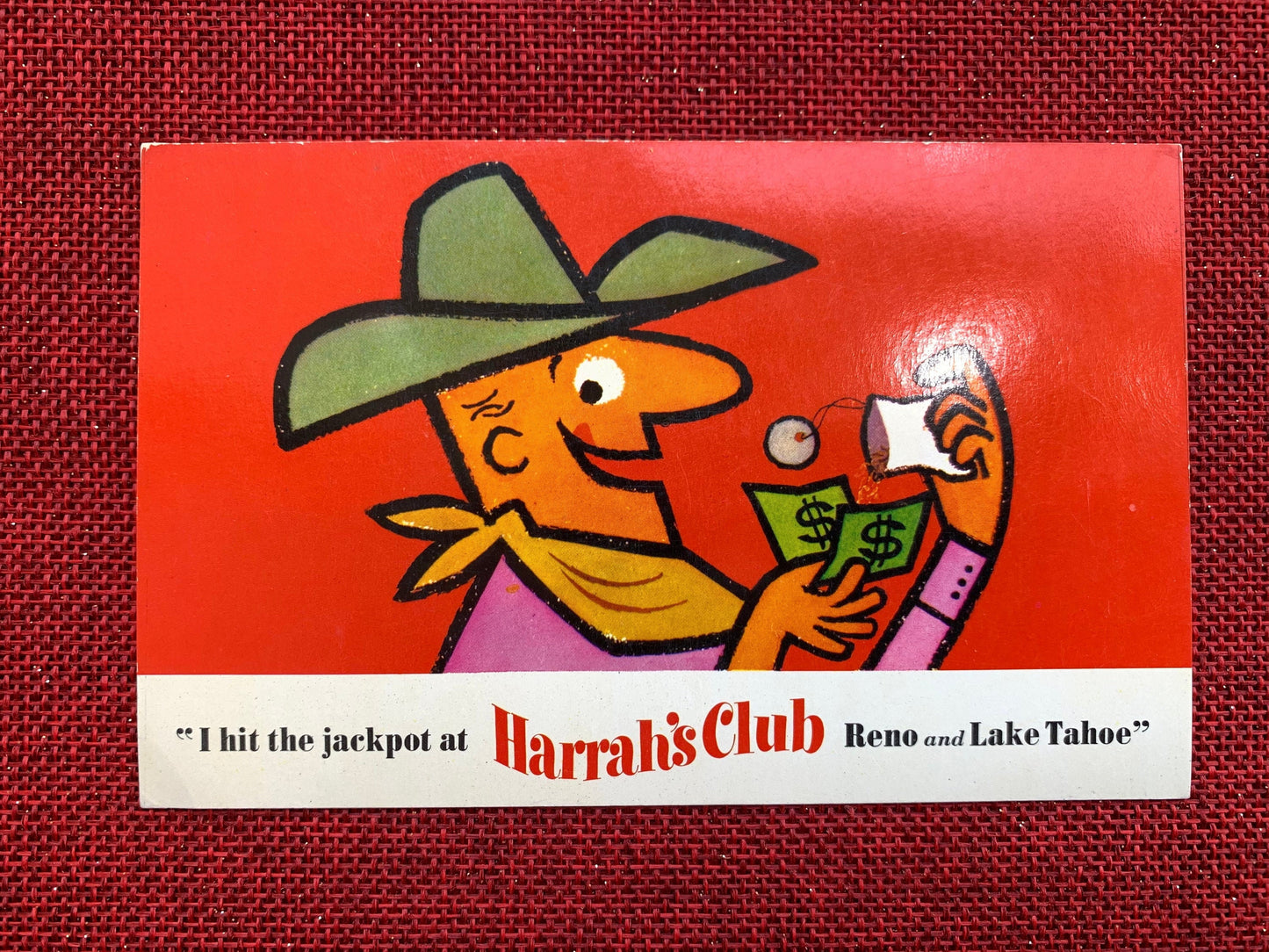 Cowboy I Hit The Jackpot At Harrah's Club Reno and Lake Tahoe Vintage Postcard