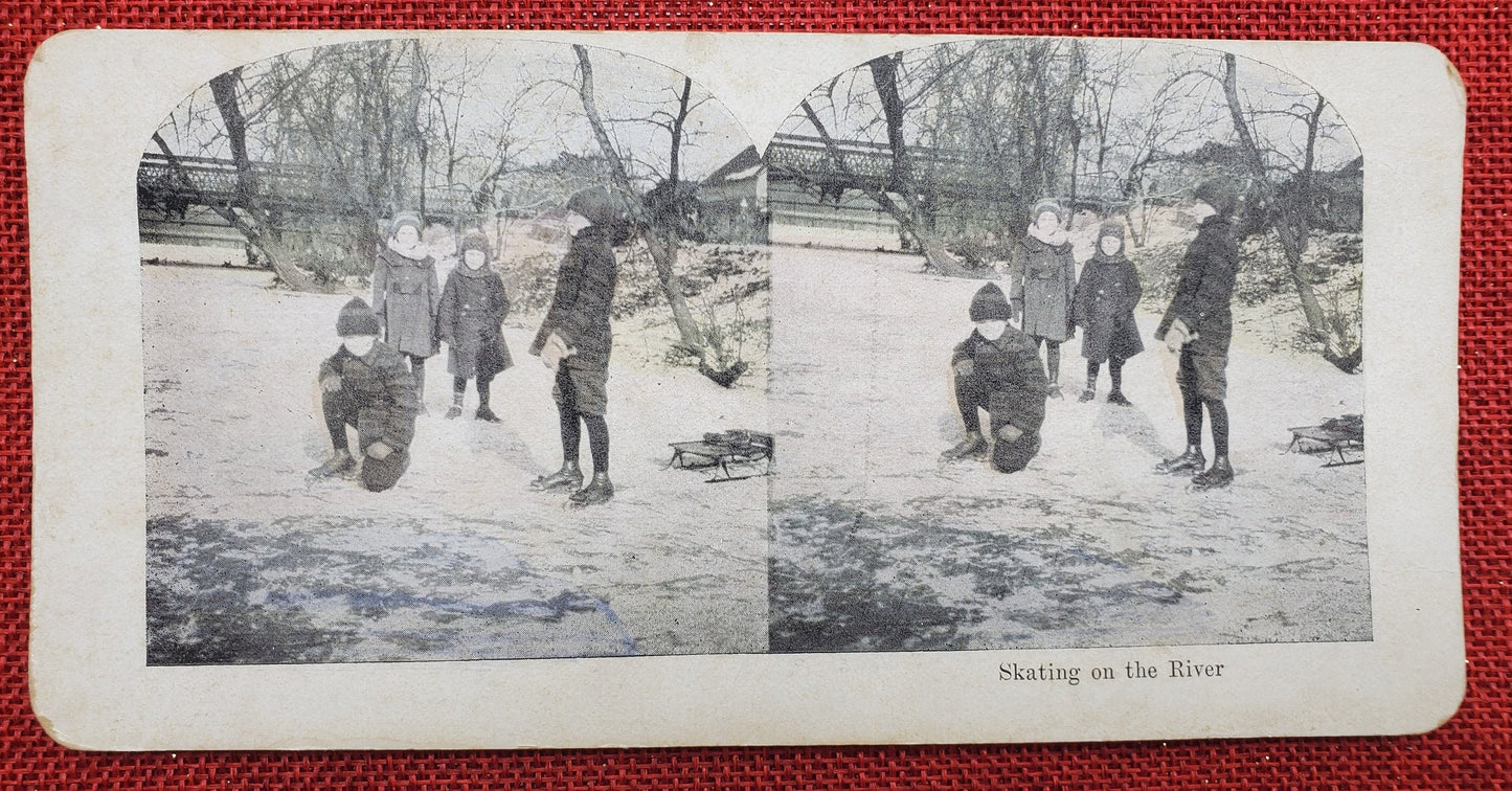 Skating on the River, Vintage Stereo View Card, 1910s