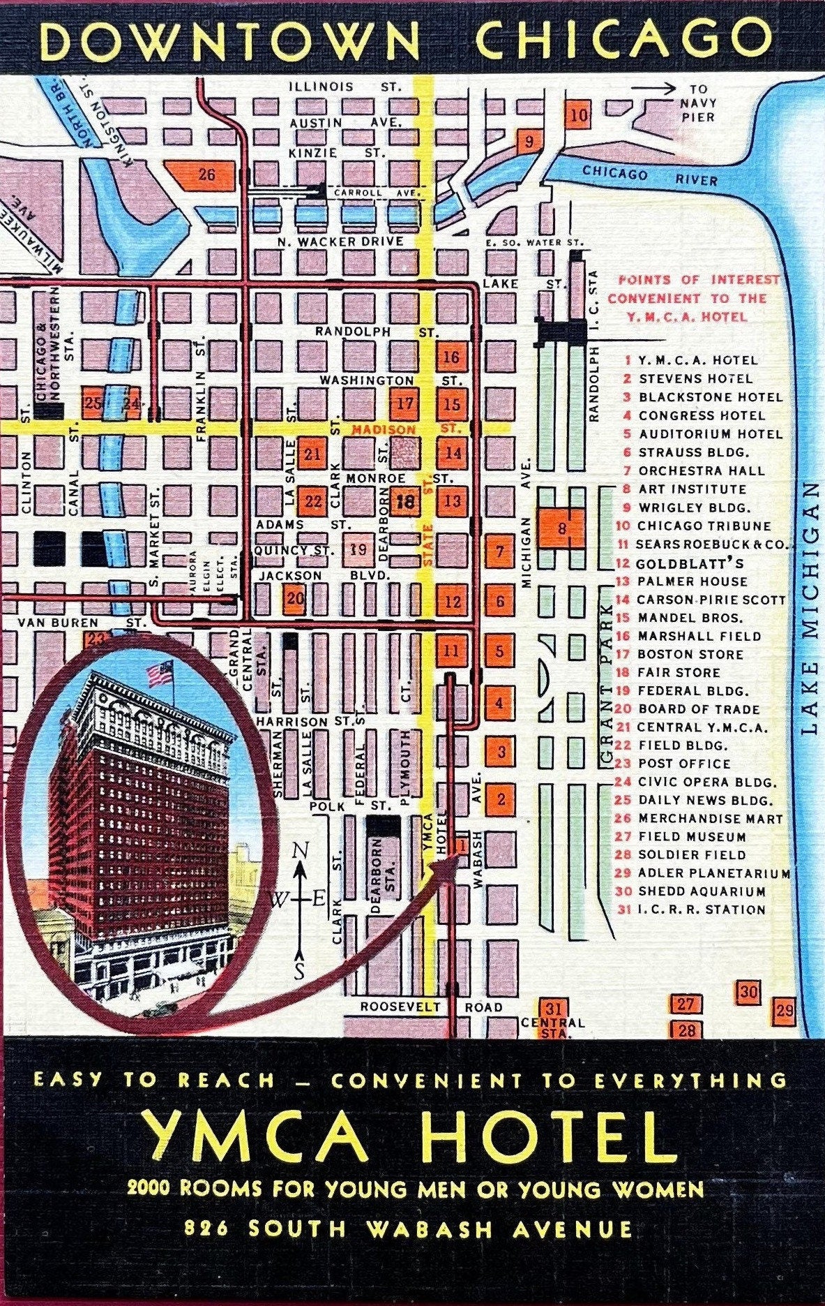 Downtown Chicago Map to YMCA Hotel - 1943 Linen Postcard