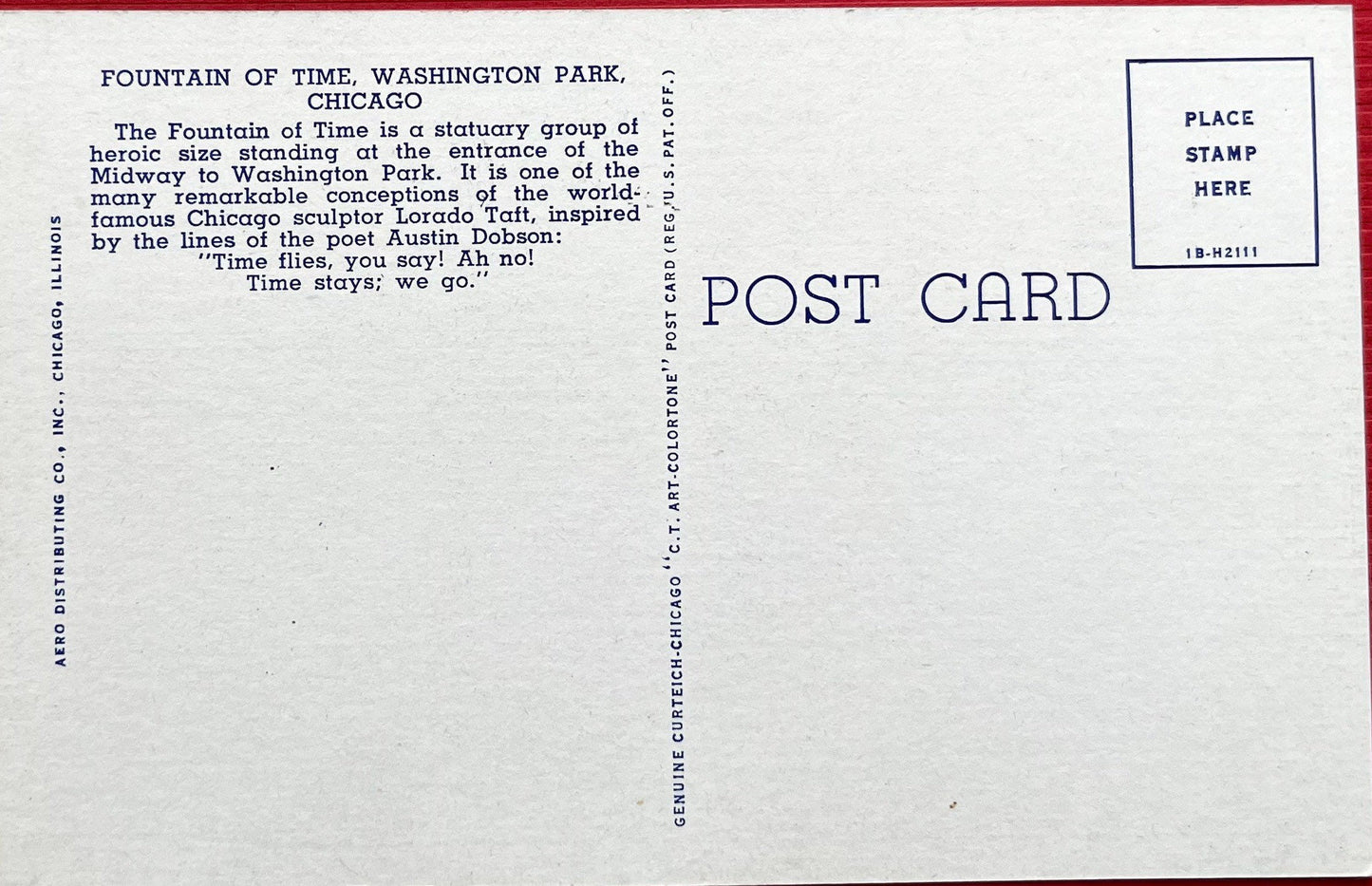 Fountain of Time - Washington Park, Chicago - 1941 Linen Postcard
