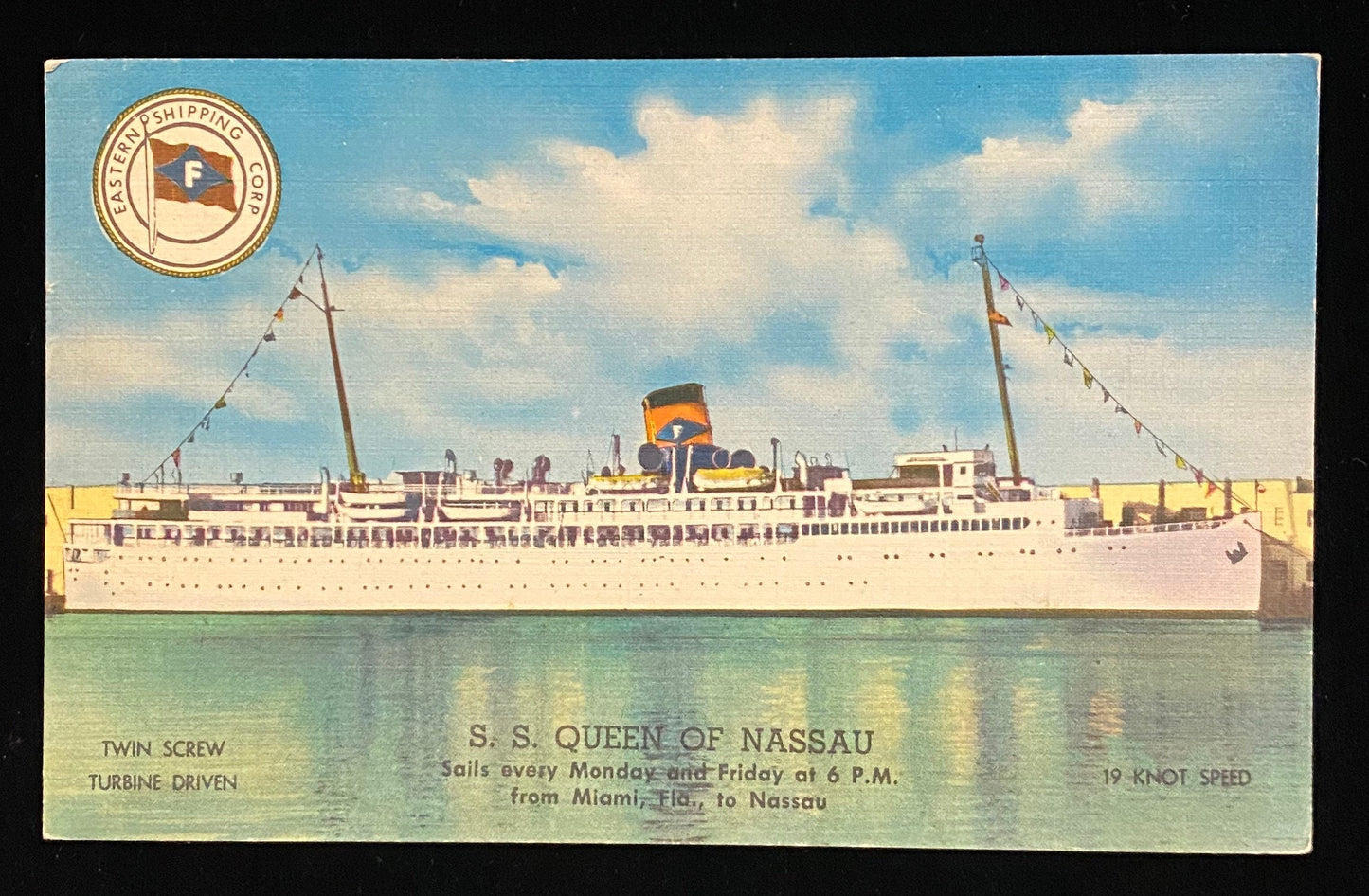 S.S. Queen of Nassau, Sails every Monday and Friday at 6 P.M. from Miami, Fla., to Nassau - 1940s Linen Postcard