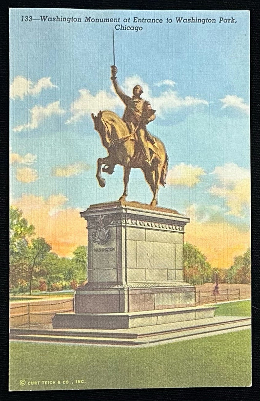 133- Washington Monument at Entrance to Washington Park, Chicago - Vintage Linen Postcard