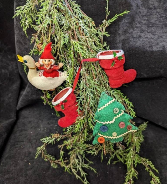 1950s Christmas Ornaments, Flocked and Felt  (SOLD SEPERATELY)