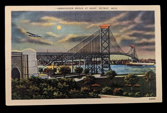 Ambassador Bridge at Night, Detroit Michigan - Vintage Linen Postcard