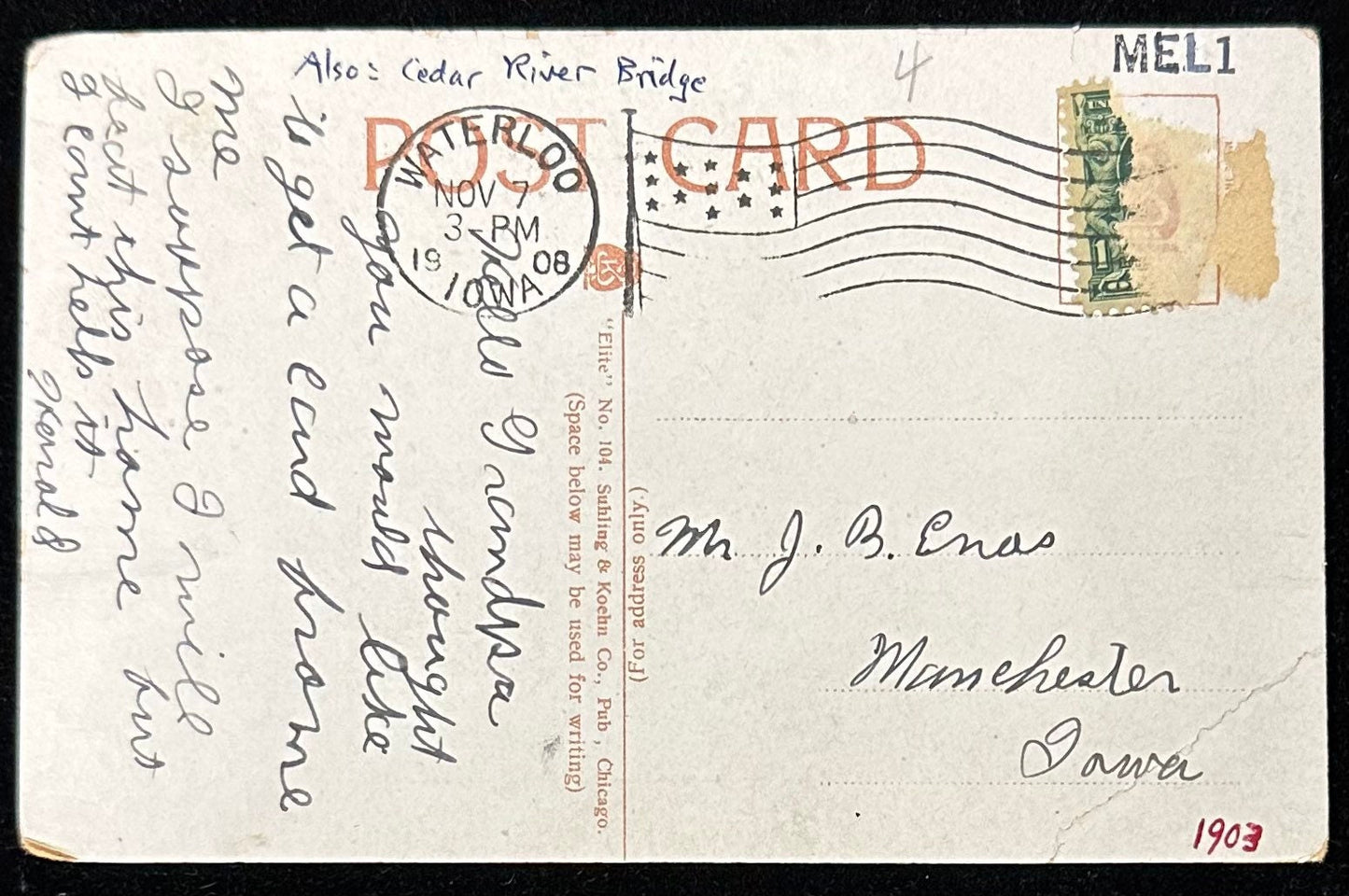 Melan Arch Bridge - Wangler Bros., Dist., Waterloo, Ia. - Vintage Postcard