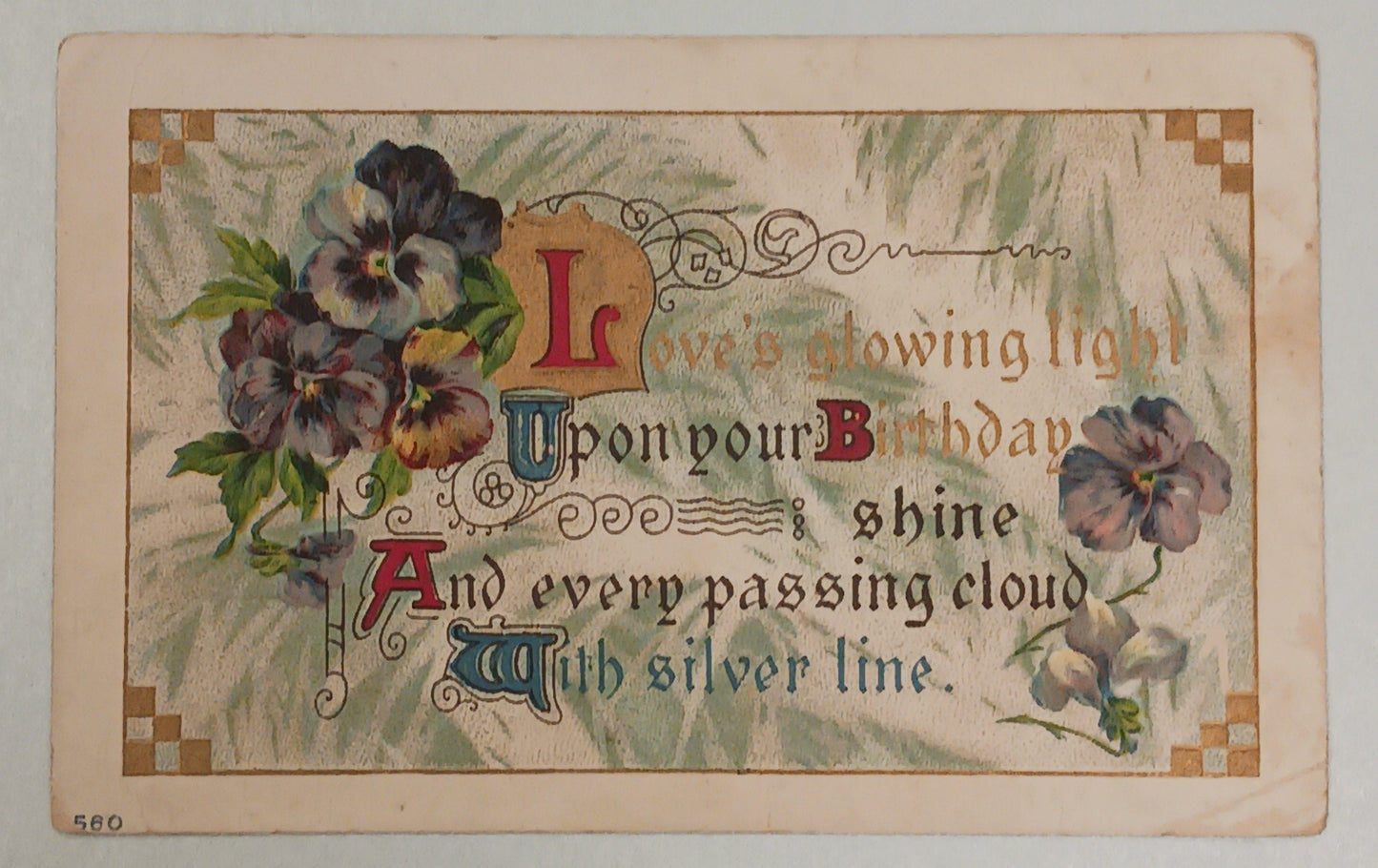 Silver Lining Birthday -  Embossed with Gold Accents  - Vintage Post Card - Series 560 - 1910