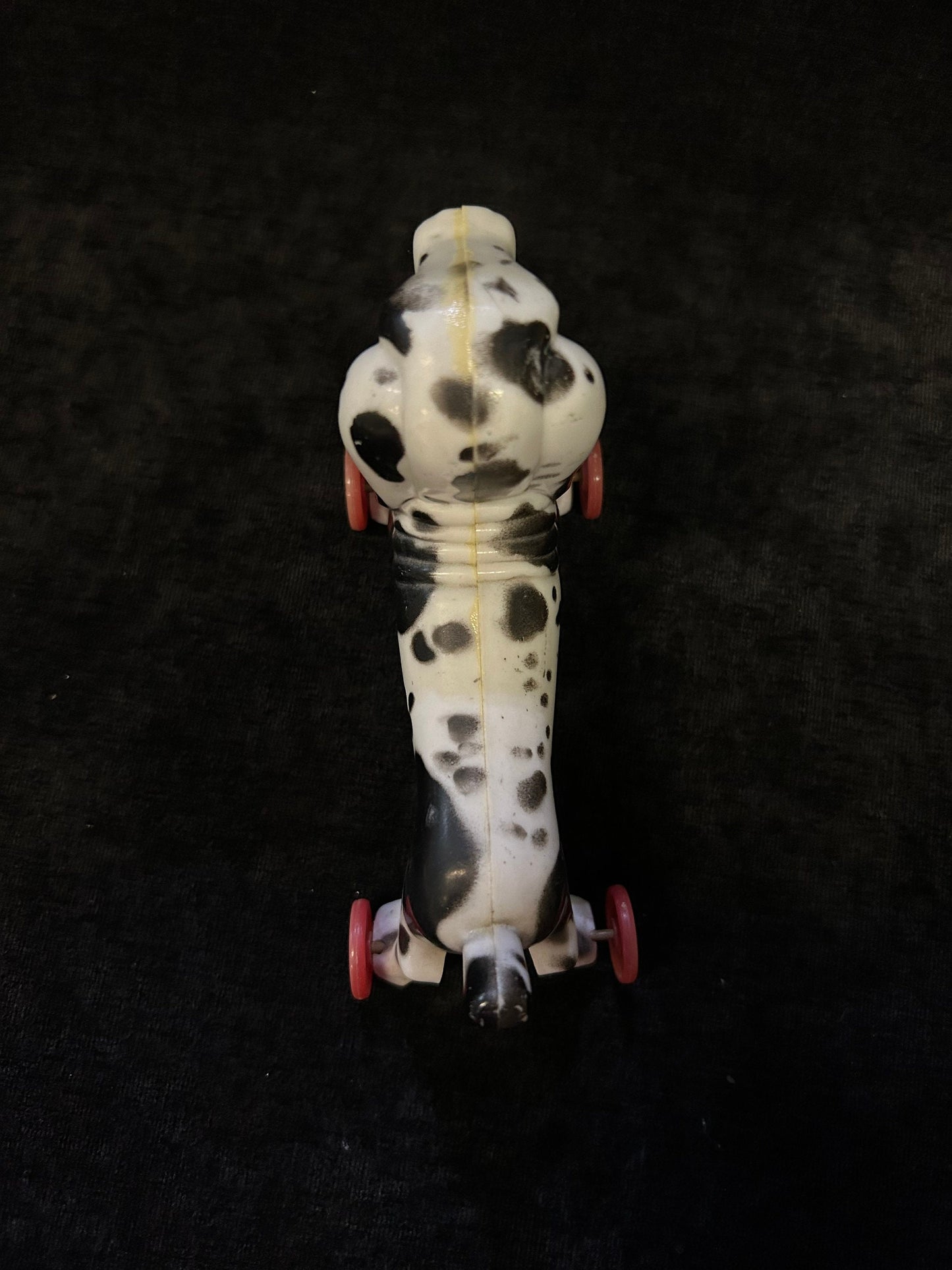 Rosen Tico Valentine's Day Spotty the Dog -1940's-Candy Holder- Plastic Black and White Spotted Dog on wheels RARE find Candy Container