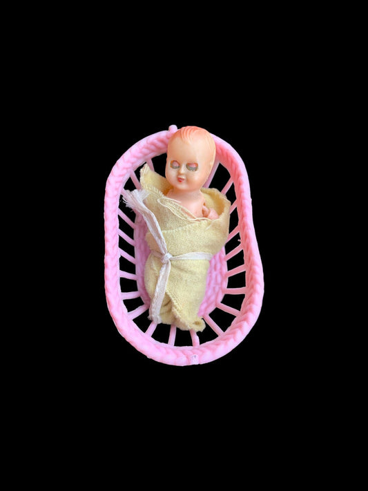 1950's  Celluloid Baby in Pink plastic Basket