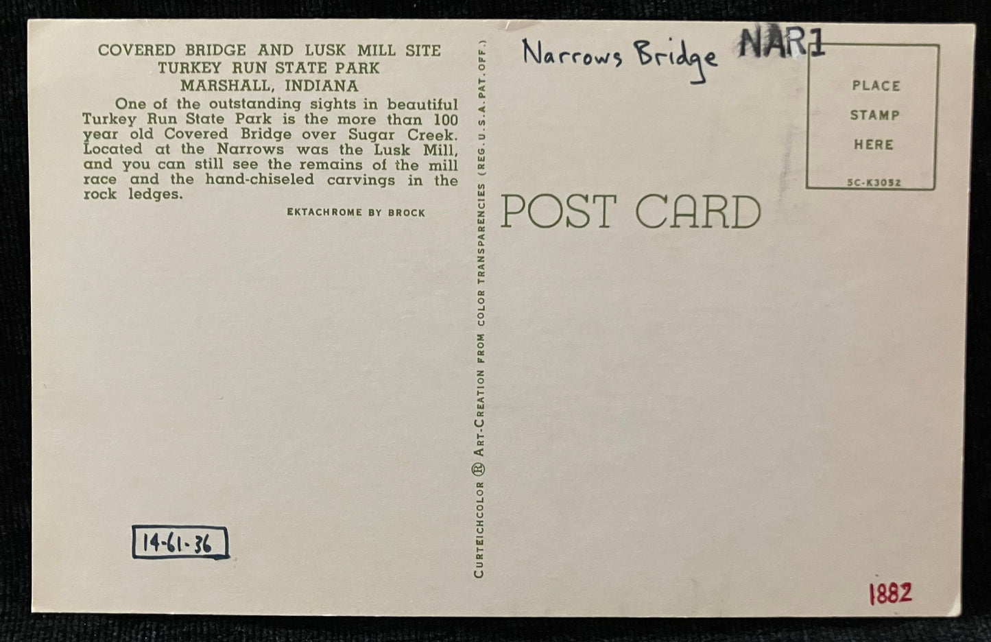 Narrows Bridge and Lusk Mill Site Run State Park - Marshall, Indiana - Photo: Brock - Vintage Covered Bridge Postcard