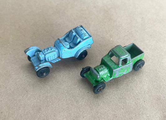 1930's Tootsie Toy Green Pickup Truck -1950 Toostie Toy Blue Hot Rod - Toosie Toy Roadsters Original Paint and Tires