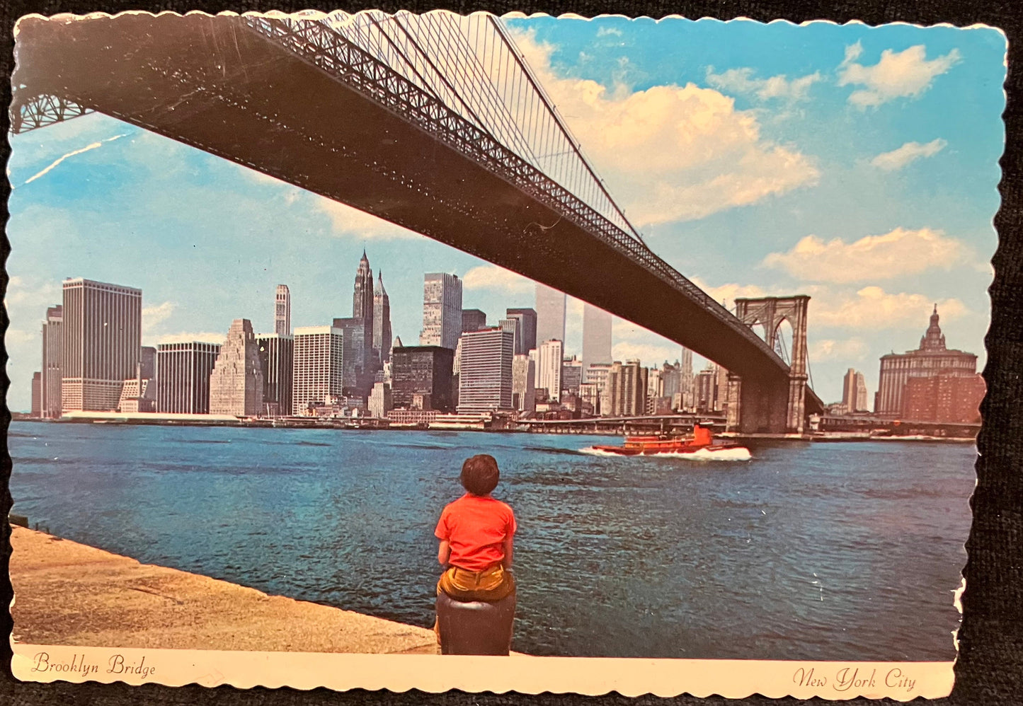 Brooklyn Bridge - New York City - 20 Cent Brooklyn Bridge Stamp 1883-1983 - Vintage Serrated Edge Postcard - First day of Issue Postmark