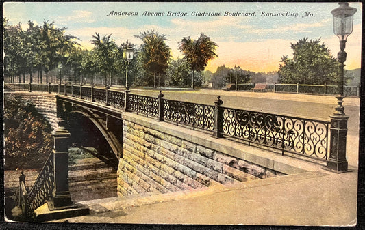 Anderson Avenue Bridge, Gladstone Boulevard, Kansas City, Mo. - Vintage Postcard of Anderson Ave. Bridge - Limestone Surround