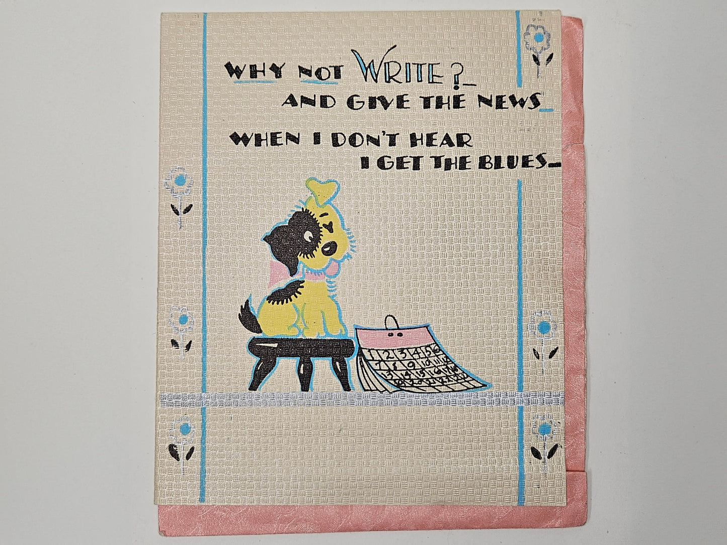 Yellow Dog Floral Border Greeting Card "Why Not Write?" Sent by a Dog lover -Cute message inside -