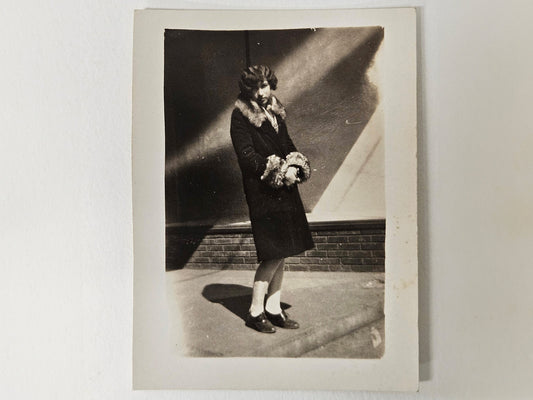 1928 Photo of Young Girl "Anna" - Fashionable Fur trimmed Coat -  Short Wavy Hairstyle -Childlike Innocence -Time between WWI and WWII -RPPC