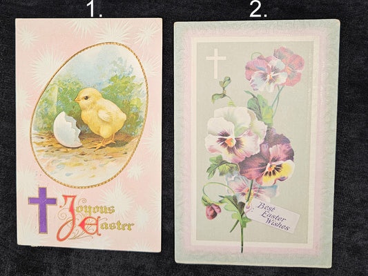 1910 Religious Easter Postcards  -Joyous Easter With Chick and Eggshell - A Pansy Bouquet tied with "Best Easter Wishes"  2 Sold as Set