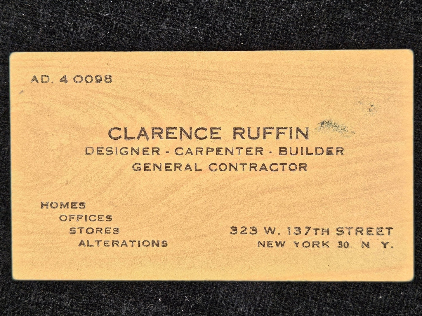 Business Card- Clarence Ruffin- Wood Grain Card with Funny Questions on backside - Carpenter Business Card - Located in NYC